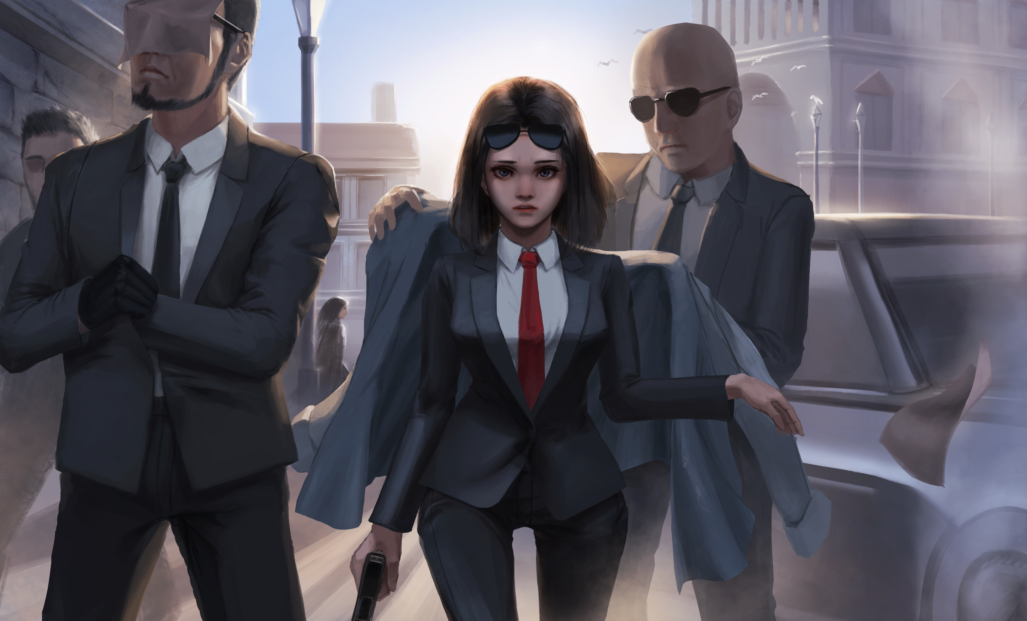 Original Characters Brunette Sunglasses Looking At Viewer Tie Gloves Street Car Artwork Drawing Digi 4300x2600