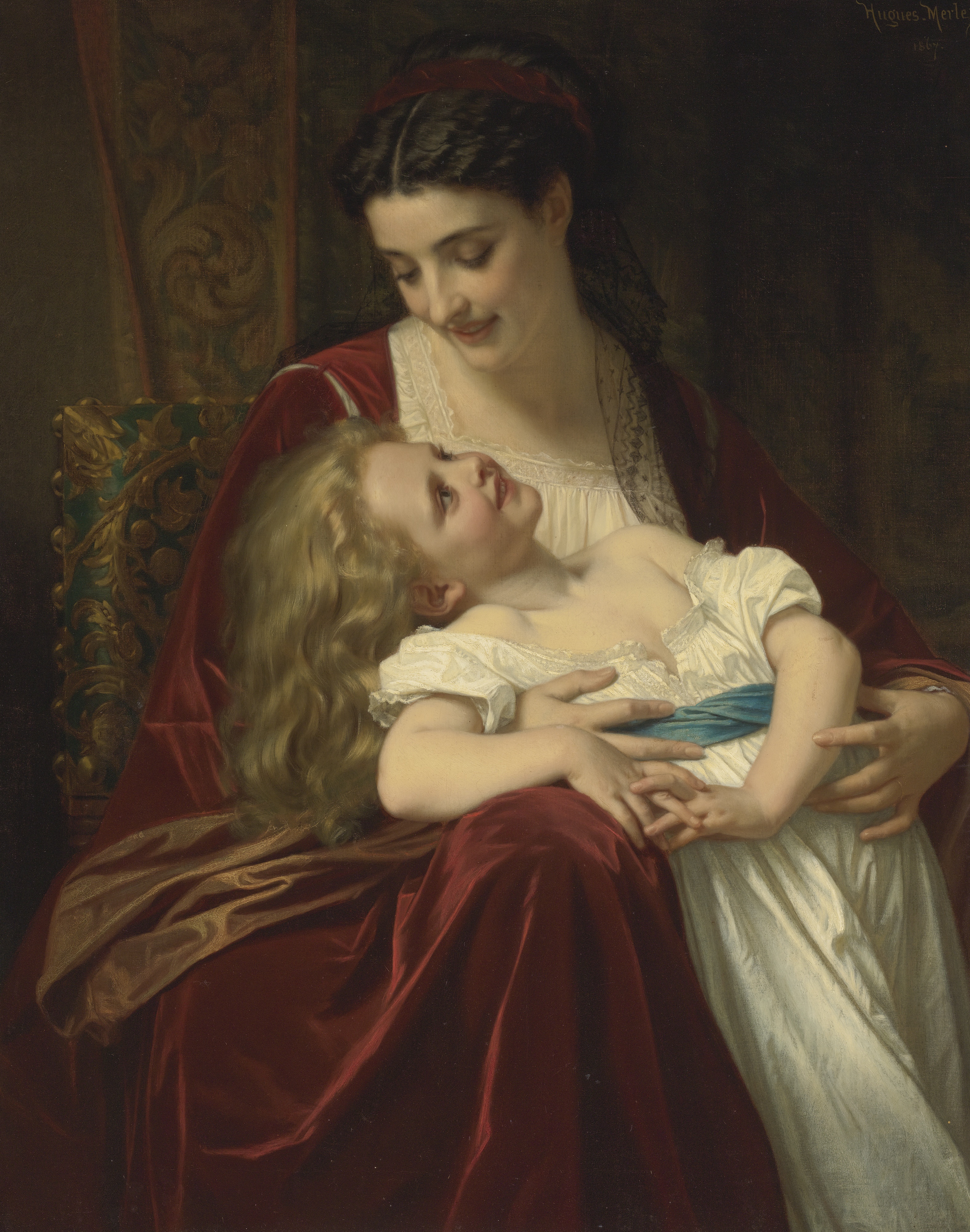 Maternal Affection Hugues Merle Classic Art Canvas Painting Women Children Mother Artwork 3148x4000