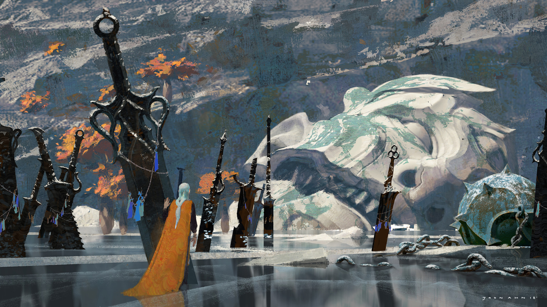 Joon Ahn Digital Art Fantasy Art Sword Frozen Lake Statue Artwork Lance 1920x1080