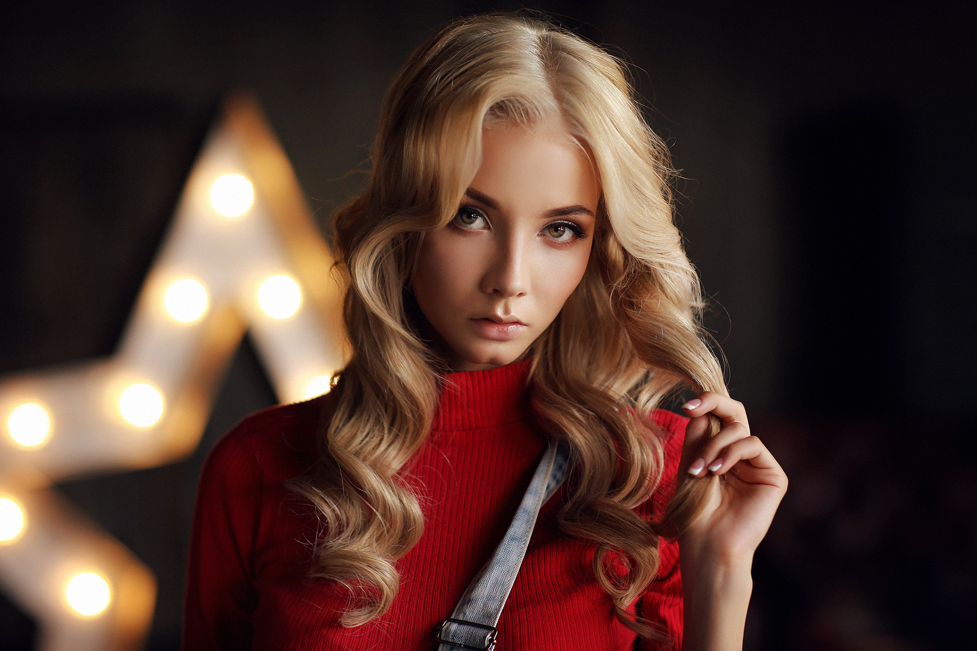 Women Blonde Portrait Overalls Dmitry Arhar Red Sweater Katerina Katerina Model Kate Looking At View 1920x1280