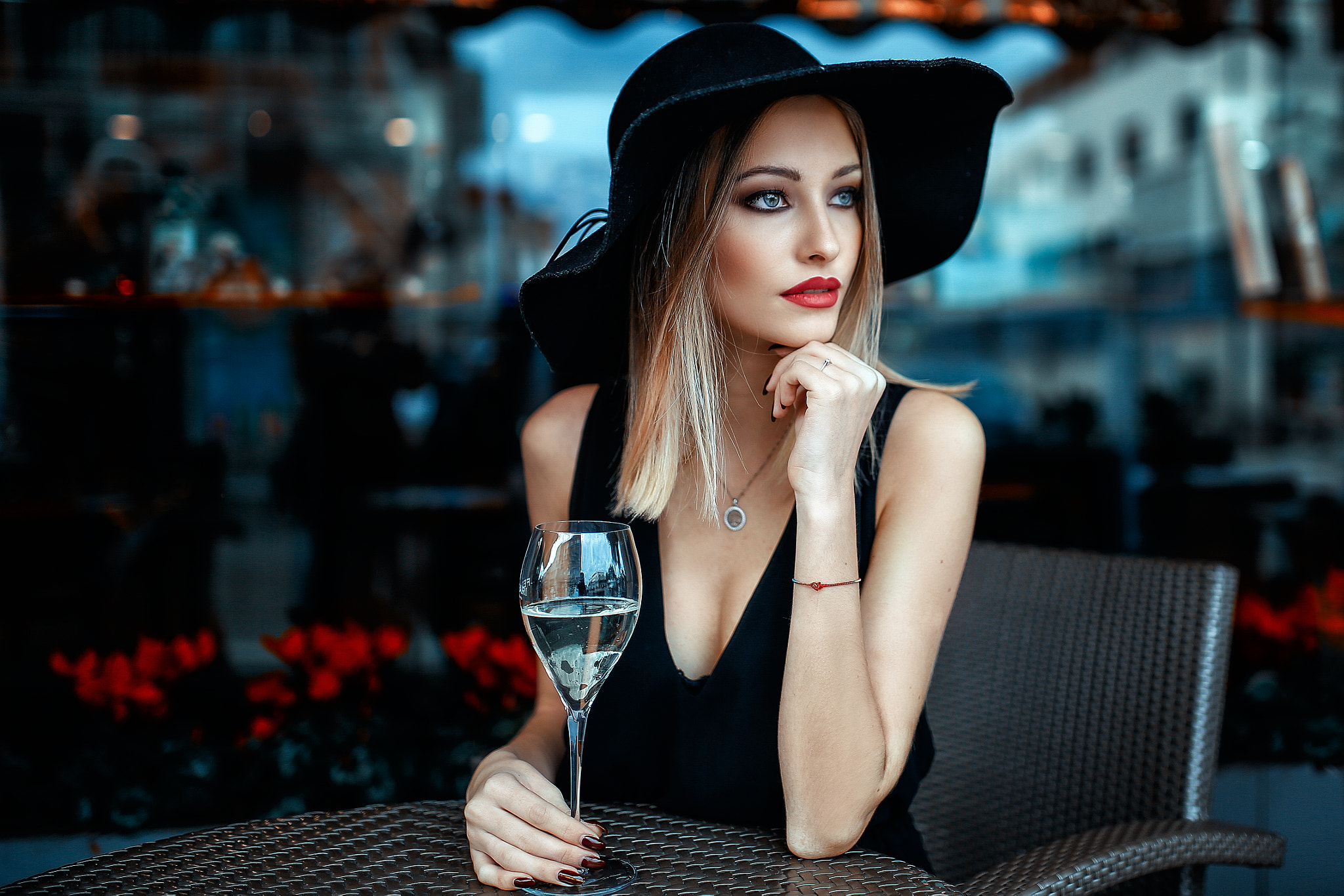 Women Hat Blue Eyes Painted Nails Chair Table Blonde Drinking Glass Depth Of Field Alessandro Di Cic 2048x1366