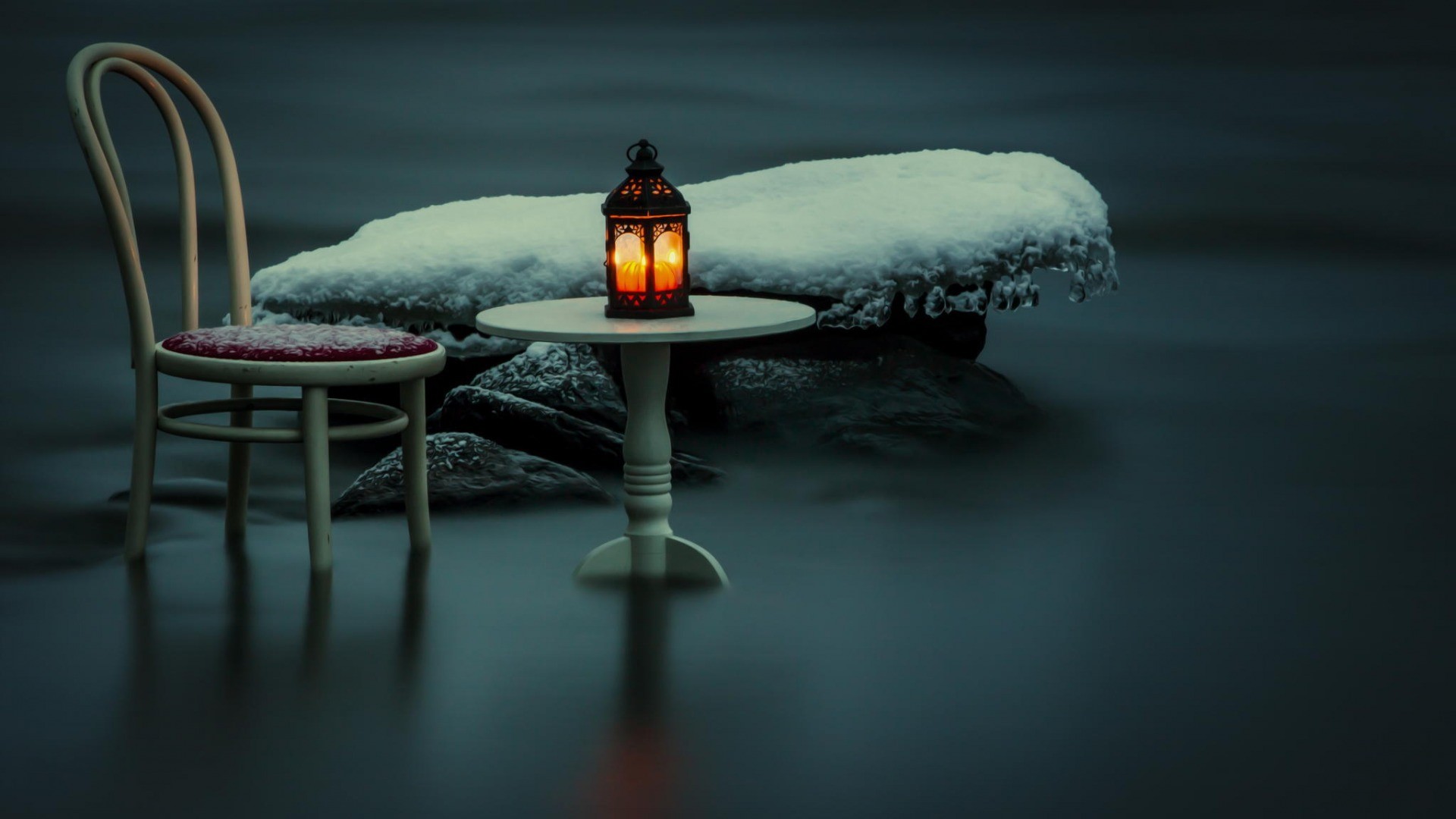 Photography Artwork Nature Water Snow Winter Rock Stones Table Chair Ice Icicle Lantern Lamp Blurred 1920x1080