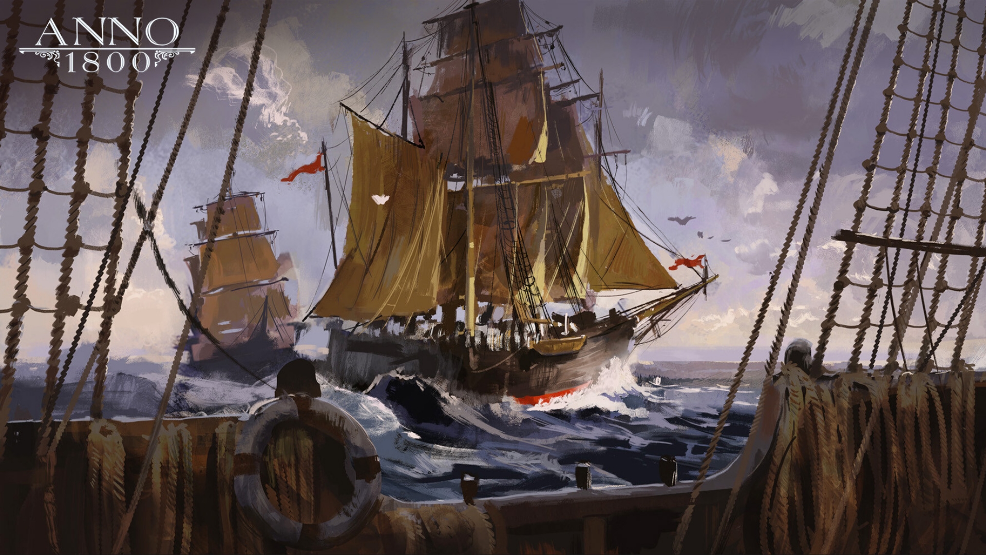 Anno 1800 1800s Digital Art Concept Art Artwork Ubisoft Sailing Ship Frigates Rigging Ship Sea 1920x1080