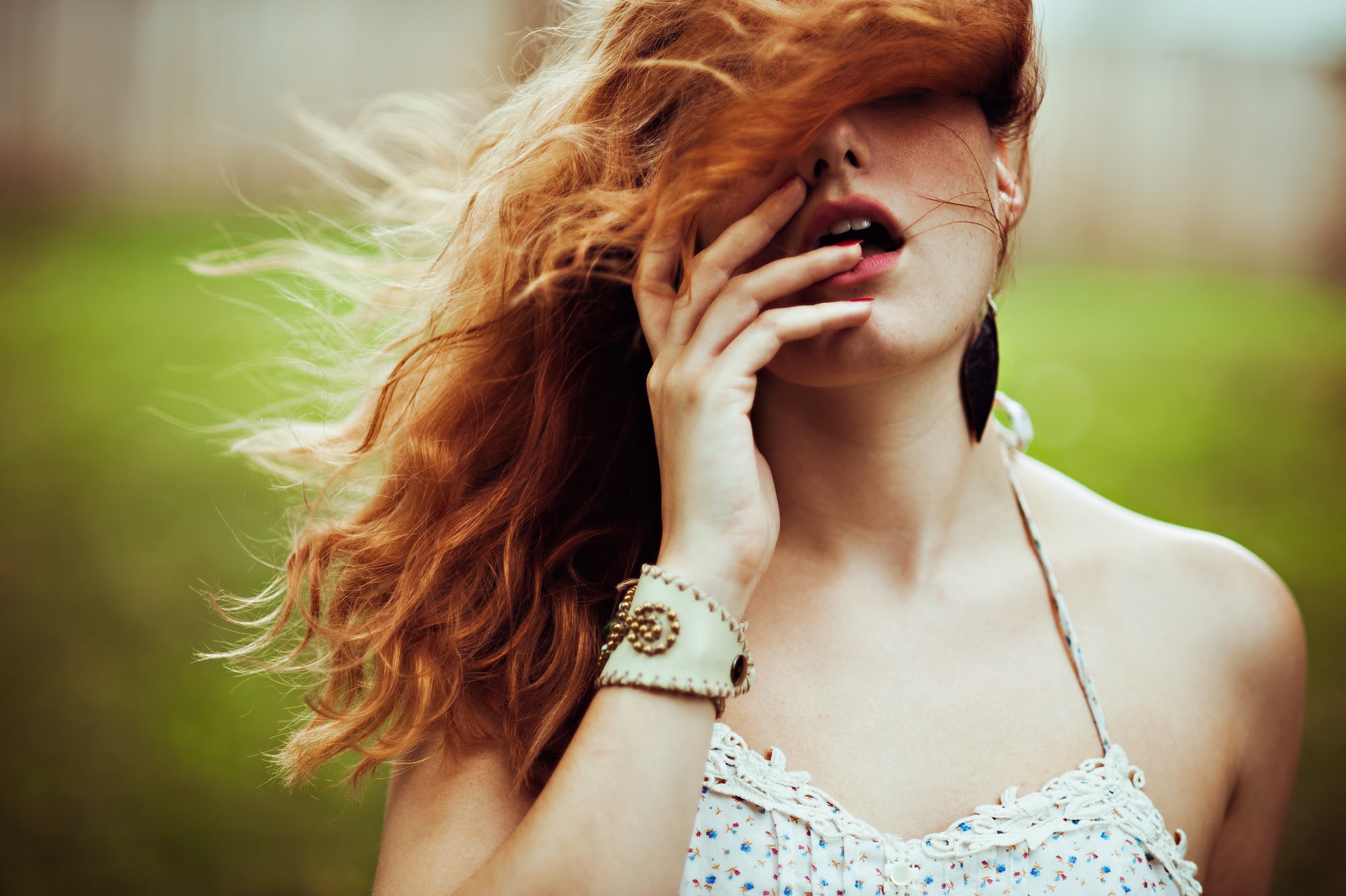 Women Redhead Hair In Face Finger On Lips Open Mouth Covered Eyes Summer Dress Windy Women Outdoors 2048x1363