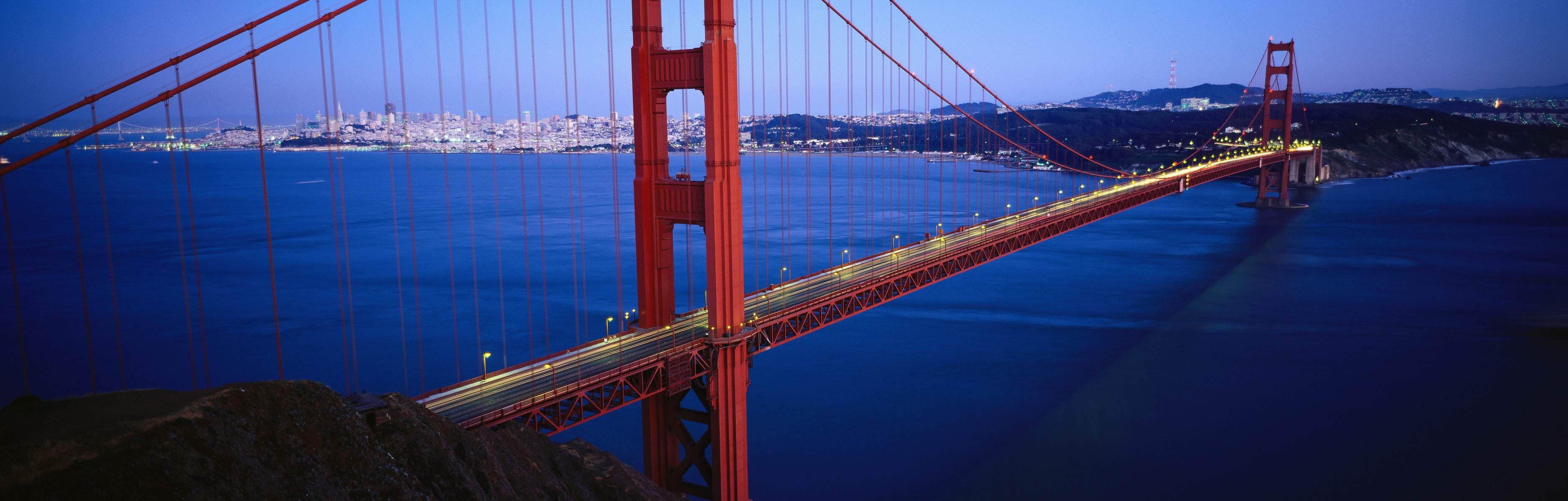 Landscape Golden Gate Bridge Bridge Sea Lights 3750x1200