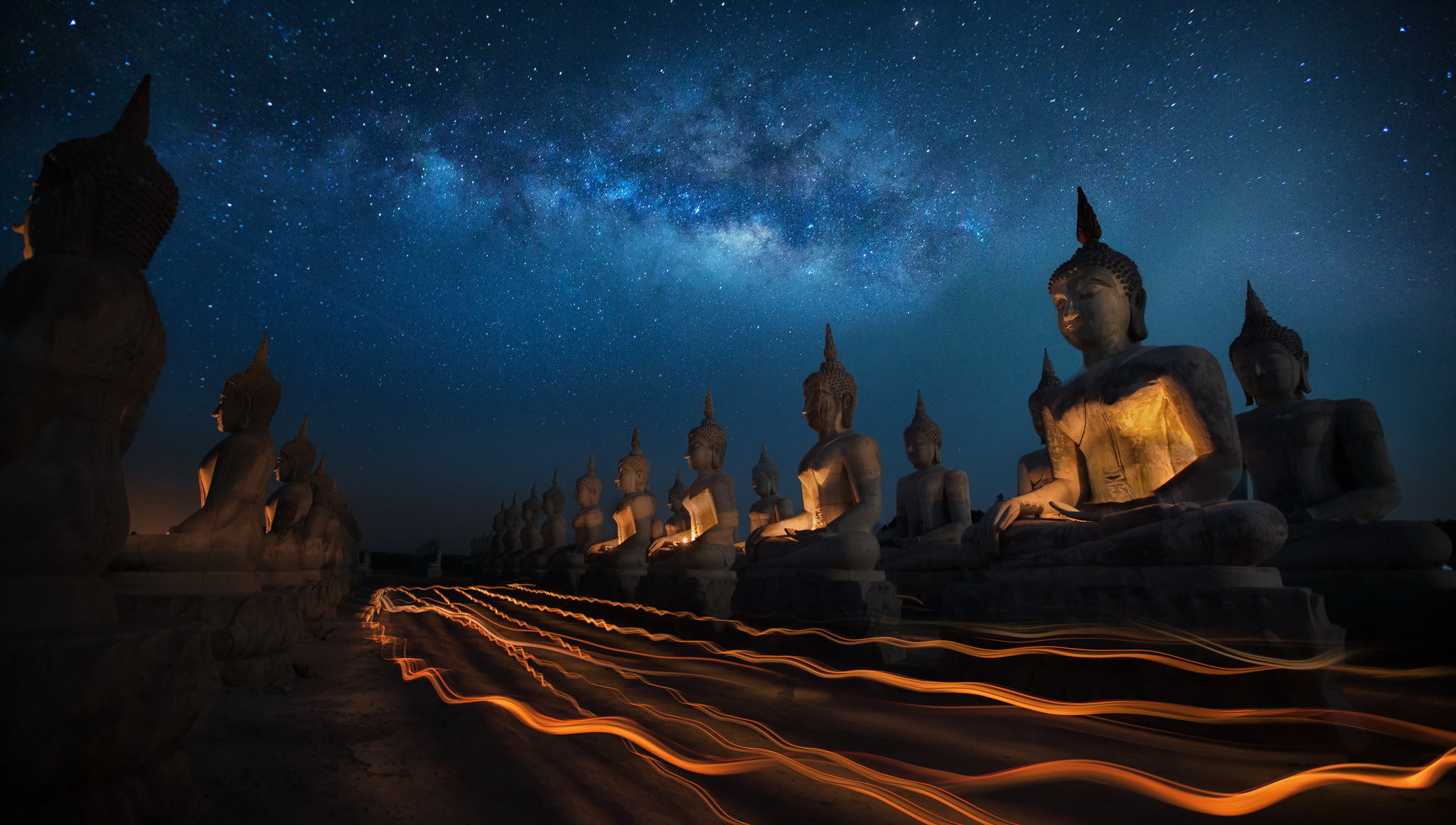 Statue Stars Buddha Buddhism Light Trails Night Milky Way Thailand Festivals 2048x1161