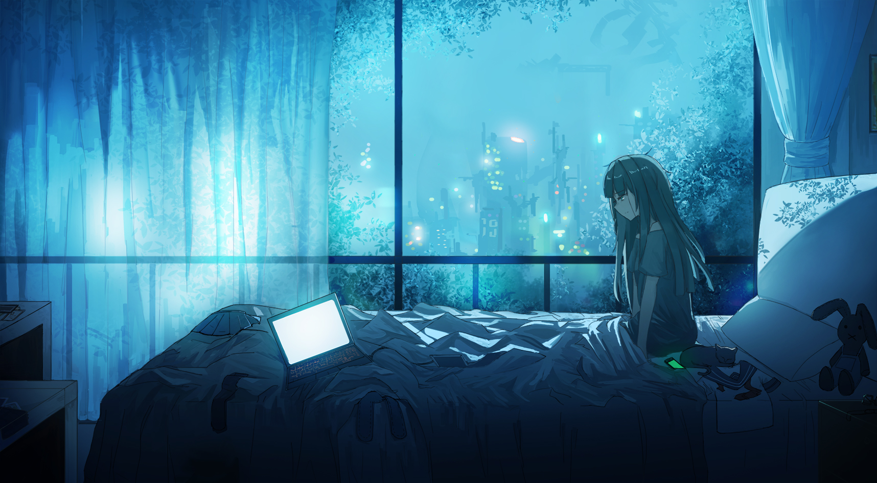 Computer Night Curtains Bed City Lights Glowing Anime Girls Sad Cyan Aer7o 1716x946