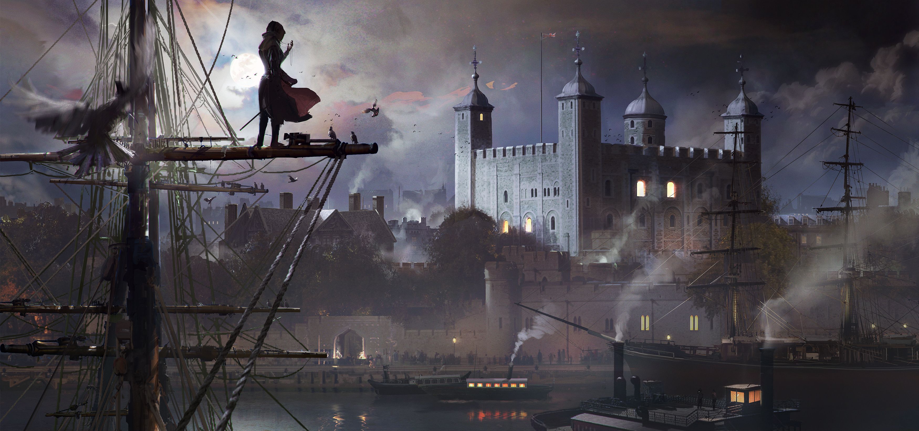 Assassins Creed Assassins Creed Syndicate London Cityscape Castle Evie Frye Digital Art Video Games 3500x1645