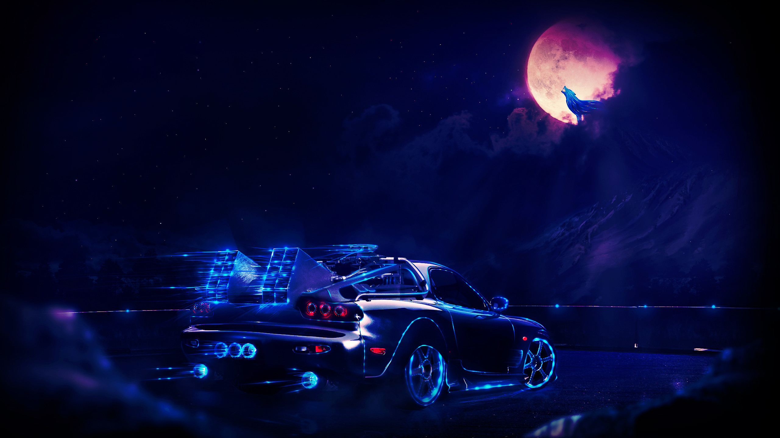 Back To The Future Machine Wolf Night Neon Photoshop Mazda RX 7 Moon Mist Mountains Car Mazda RX 7 F 2560x1440