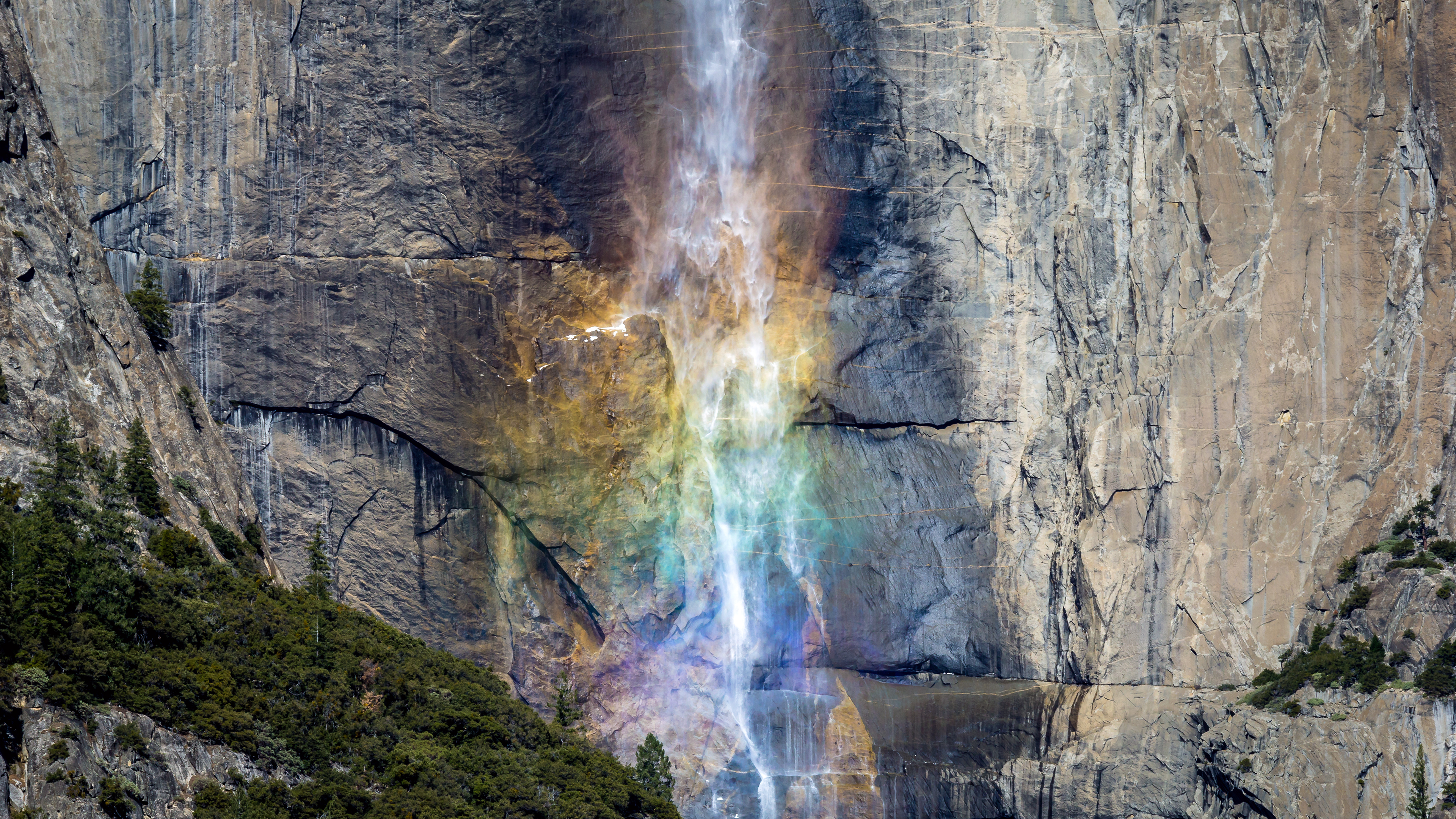 Waterfall Rocks Nature Plants Yosemite Falls Yosemite National Park Rainbows Colorful Mountains 3840x2160