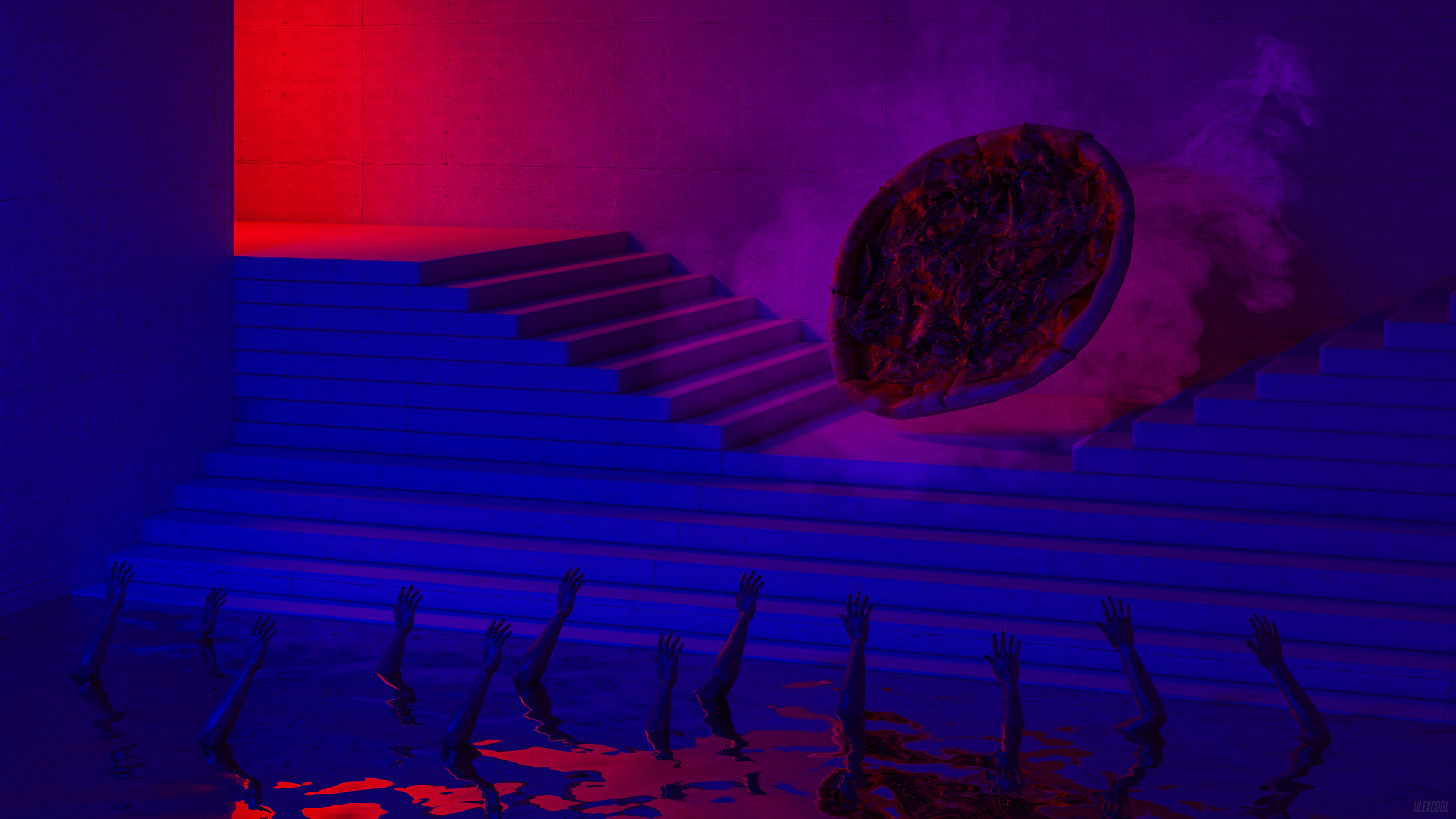 Neon Blue Red Water Hands Stairs Reflection Cult Cultist Pizza Digital Art Arms 3840x2160