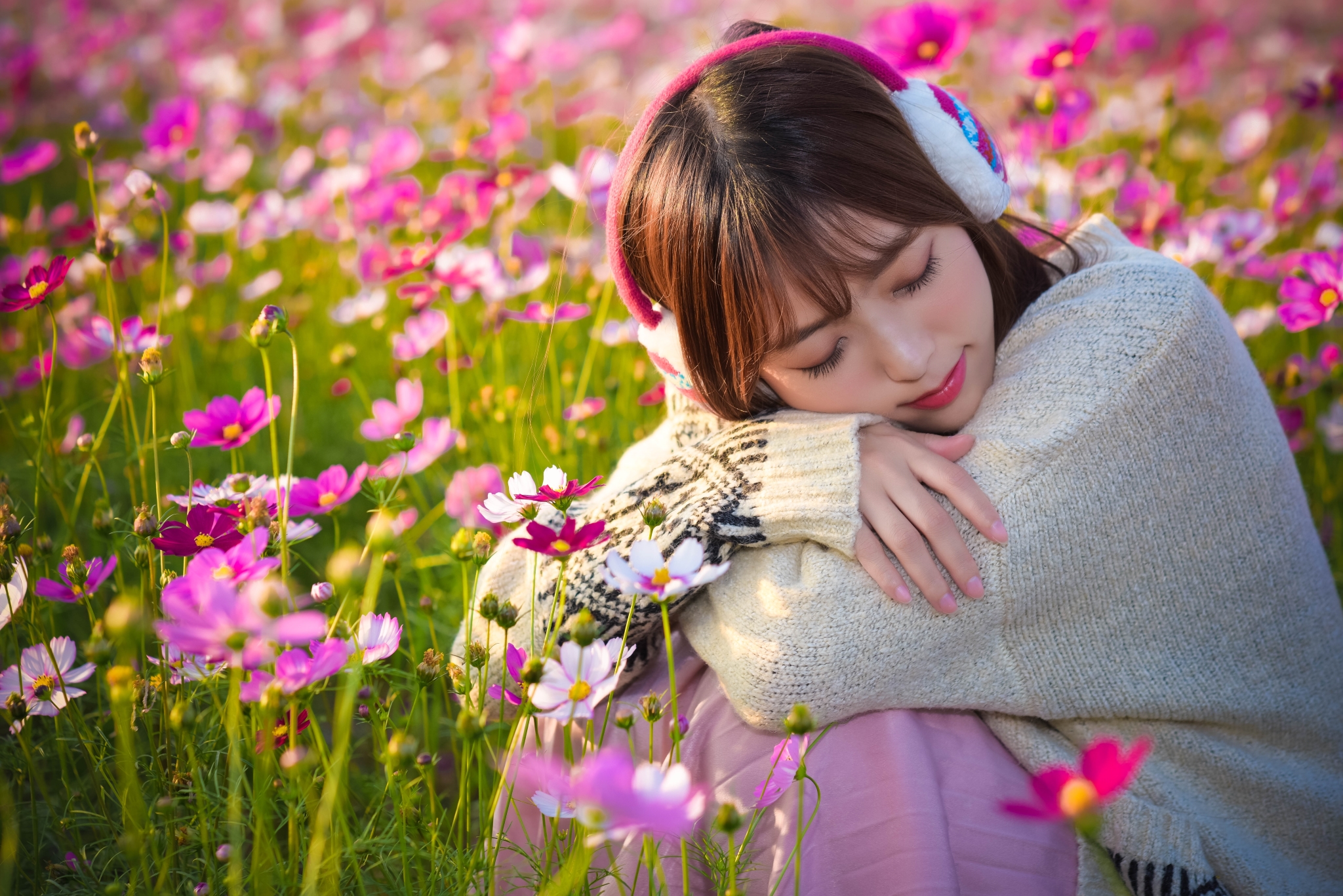 Asian Women Model Brunette Closed Eyes Smiling Ear Muffs Portrait Outdoors Bokeh Flowers Sweater Ski 2048x1367