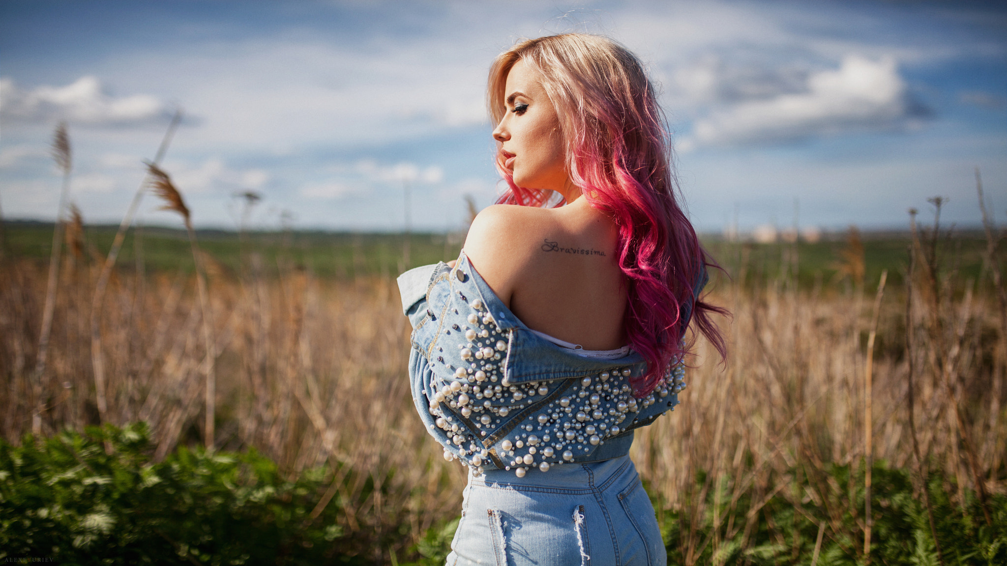 Women Blonde Women Outdoors Long Hair Dyed Hair Pink Hair Jeans Jacket Sunlight Profile Alexey Yurye 2048x1152