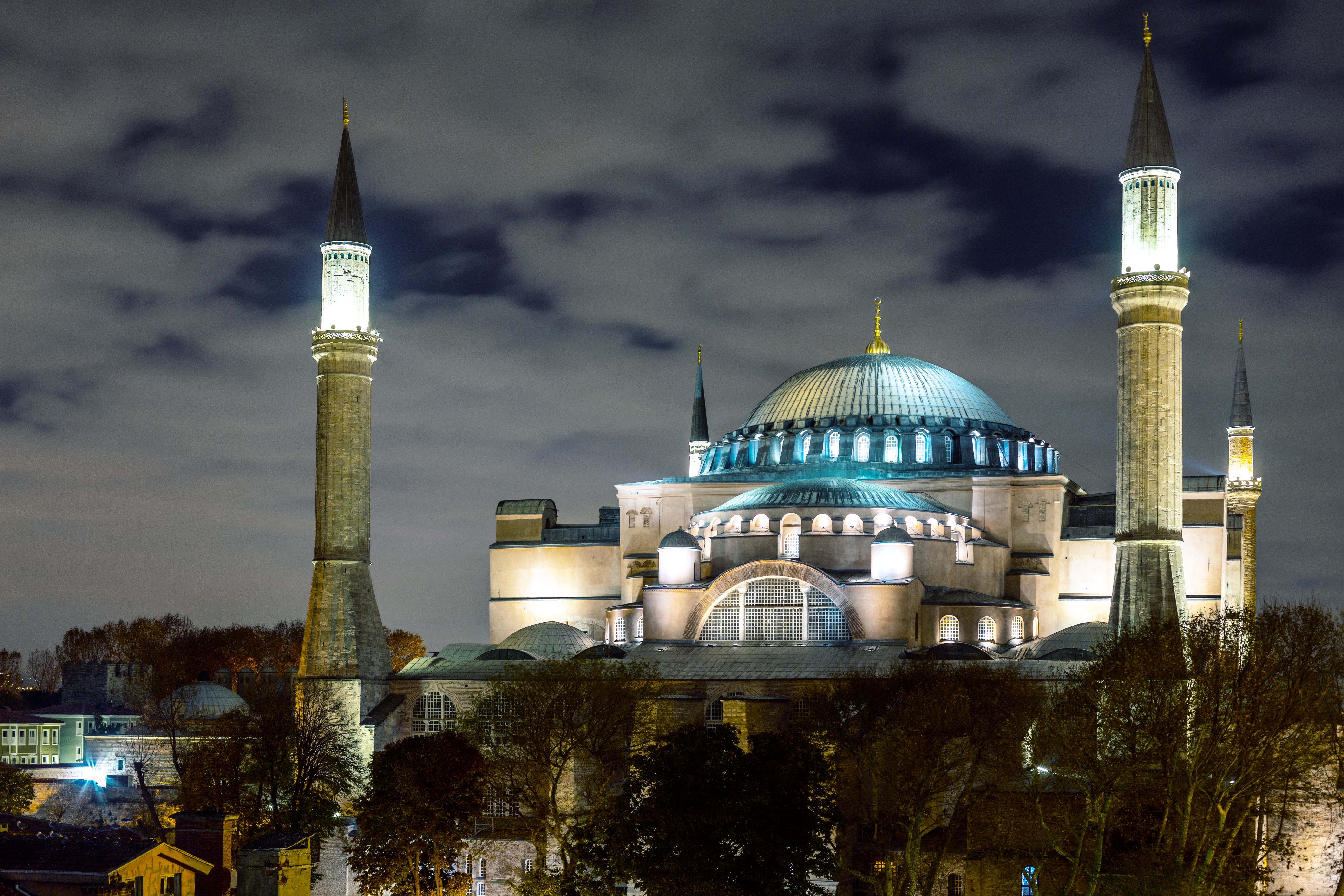Hagia Sophia Mosque Night Architecture Dome Istanbul Turkey 5581x3720