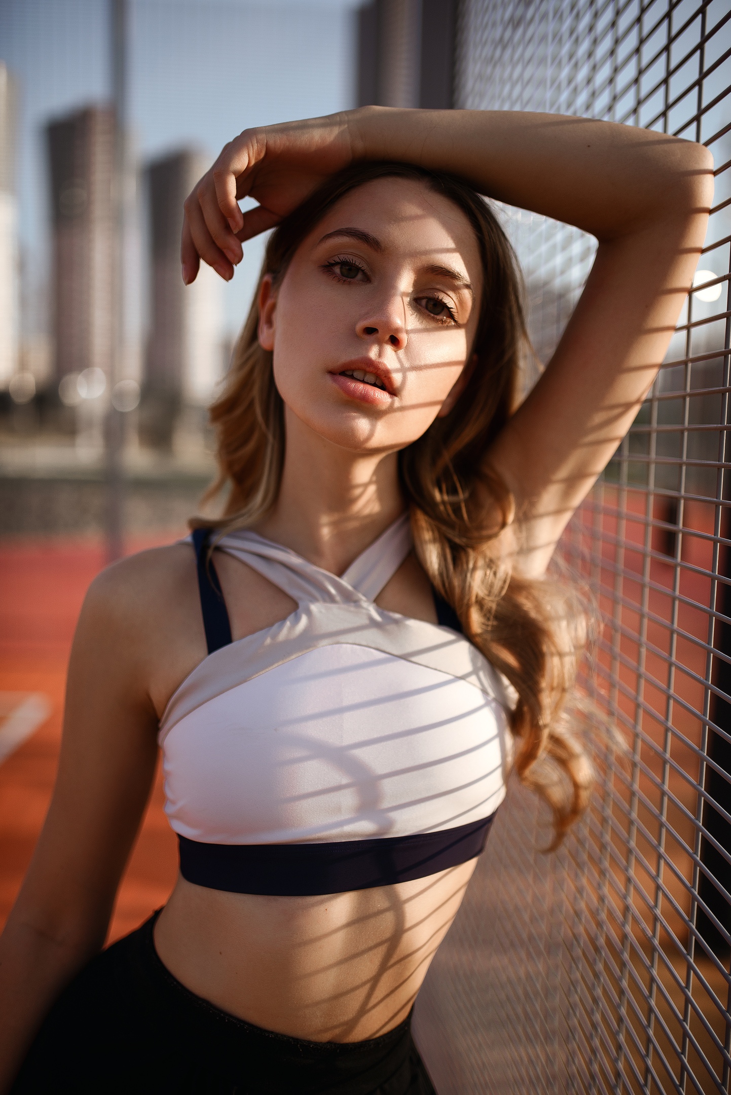 Ksenia Kokoreva Women Model Brunette Looking At Viewer Outdoors White Tops Skirt Depth Of Field Buil 1442x2160