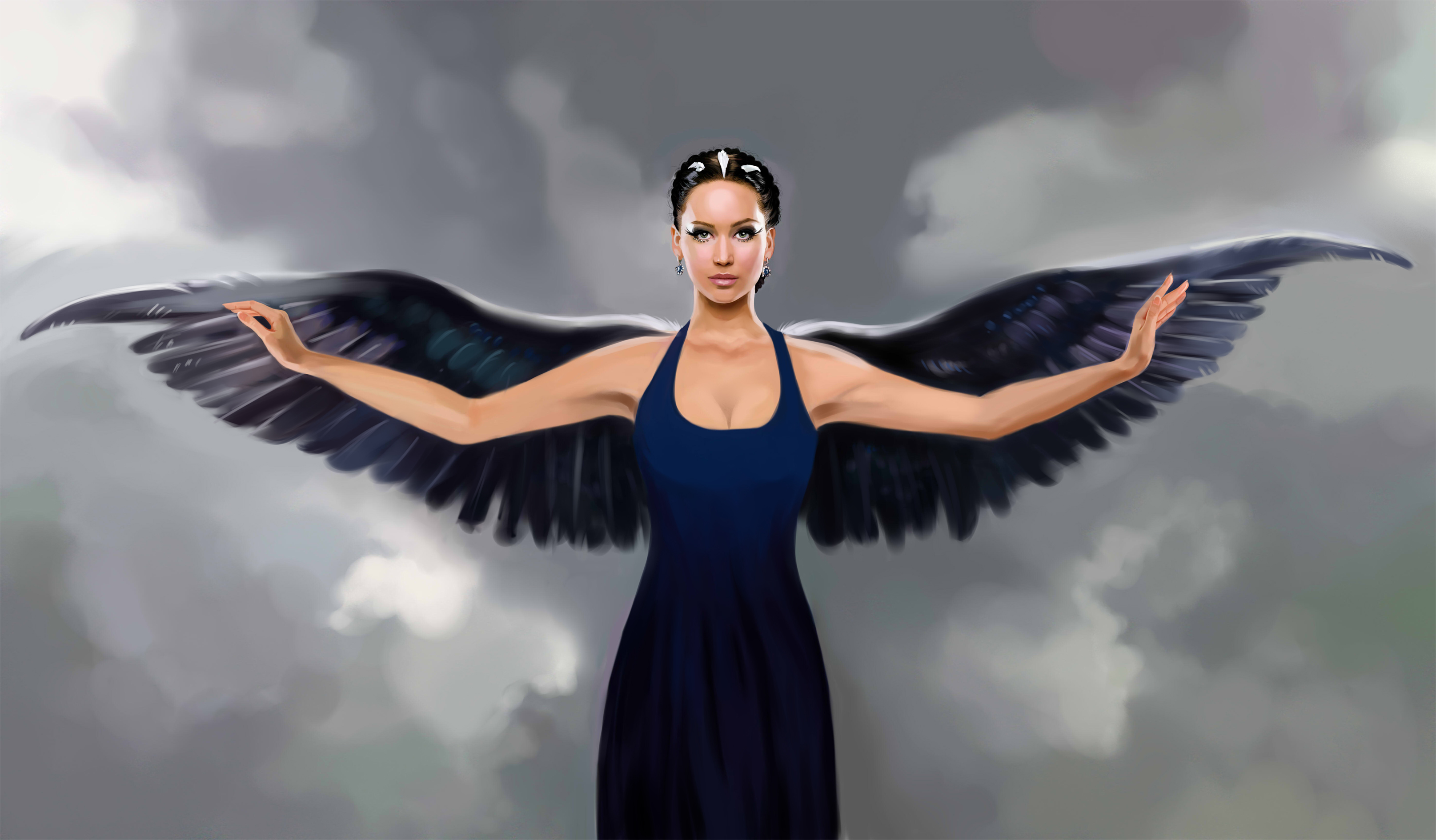 Fantasy Angel Woman Girl Wings Blue Dress Katniss Everdeen 3230x1890