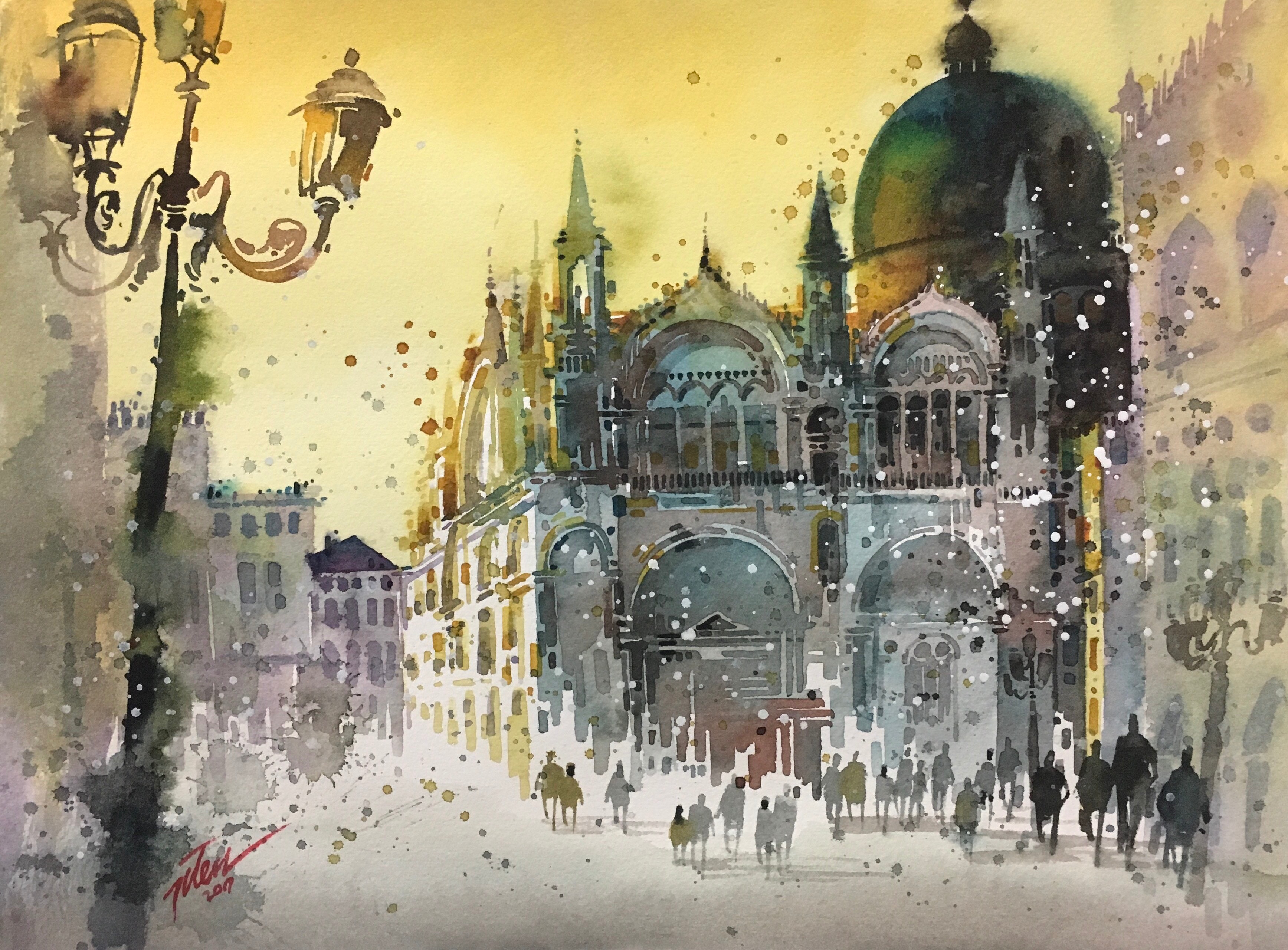 Artwork Architecture Watercolor Cathedral Venice Italy Street Light Building Splashes Painting Crowd 3471x2561