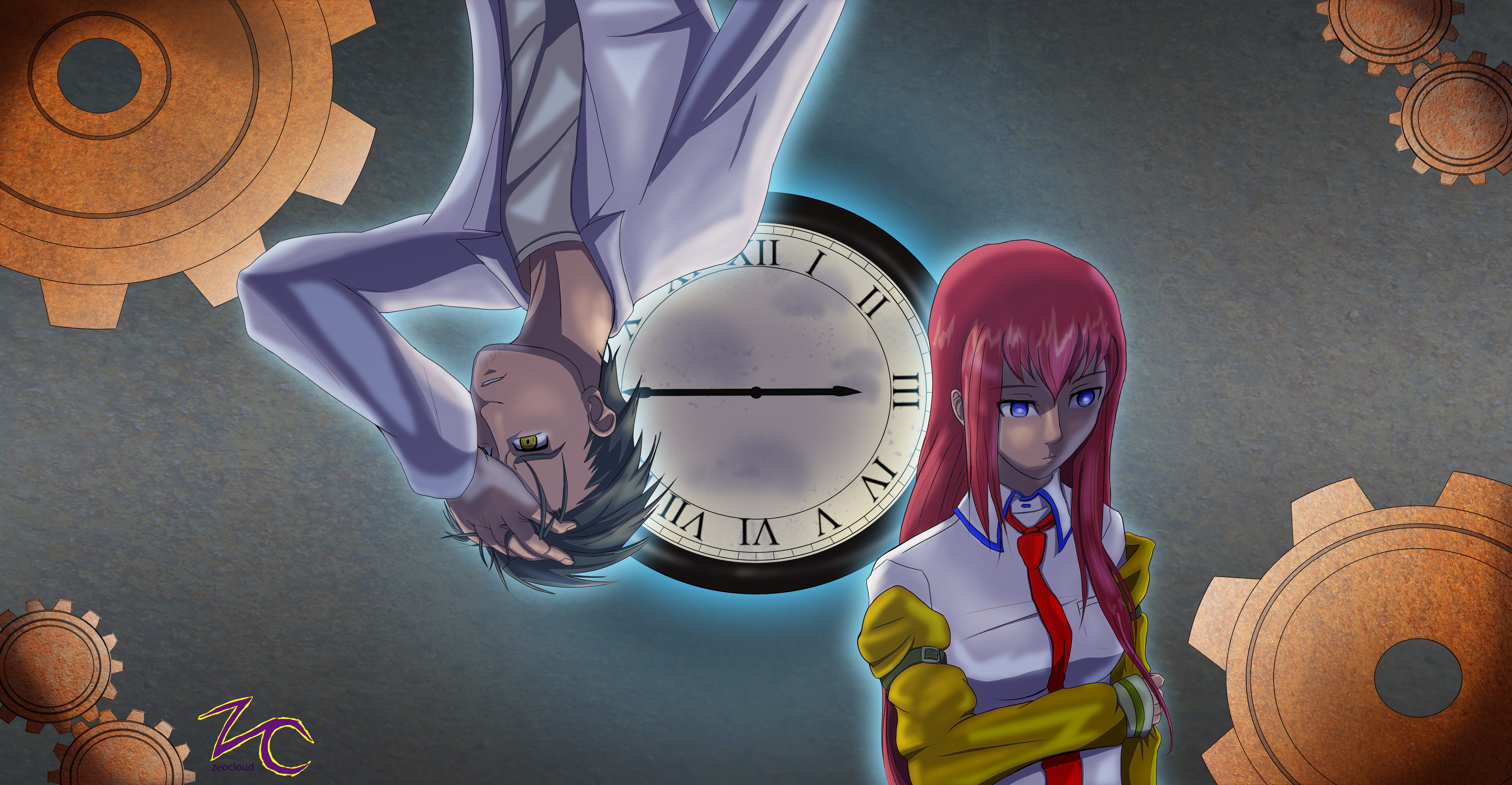 Okabe Rintarou Anime Boys Anime Anime Girls Clocks Blue Eyes Gears 5760x2991