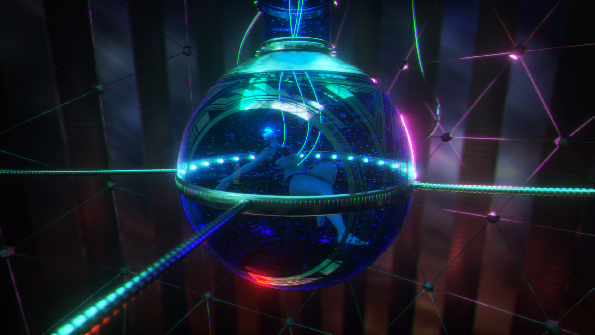 David Legnon Globe Neon Glow Blue Light Grid Glowing Tubes Science Fiction Cyberpunk Digital Art 1920x1080