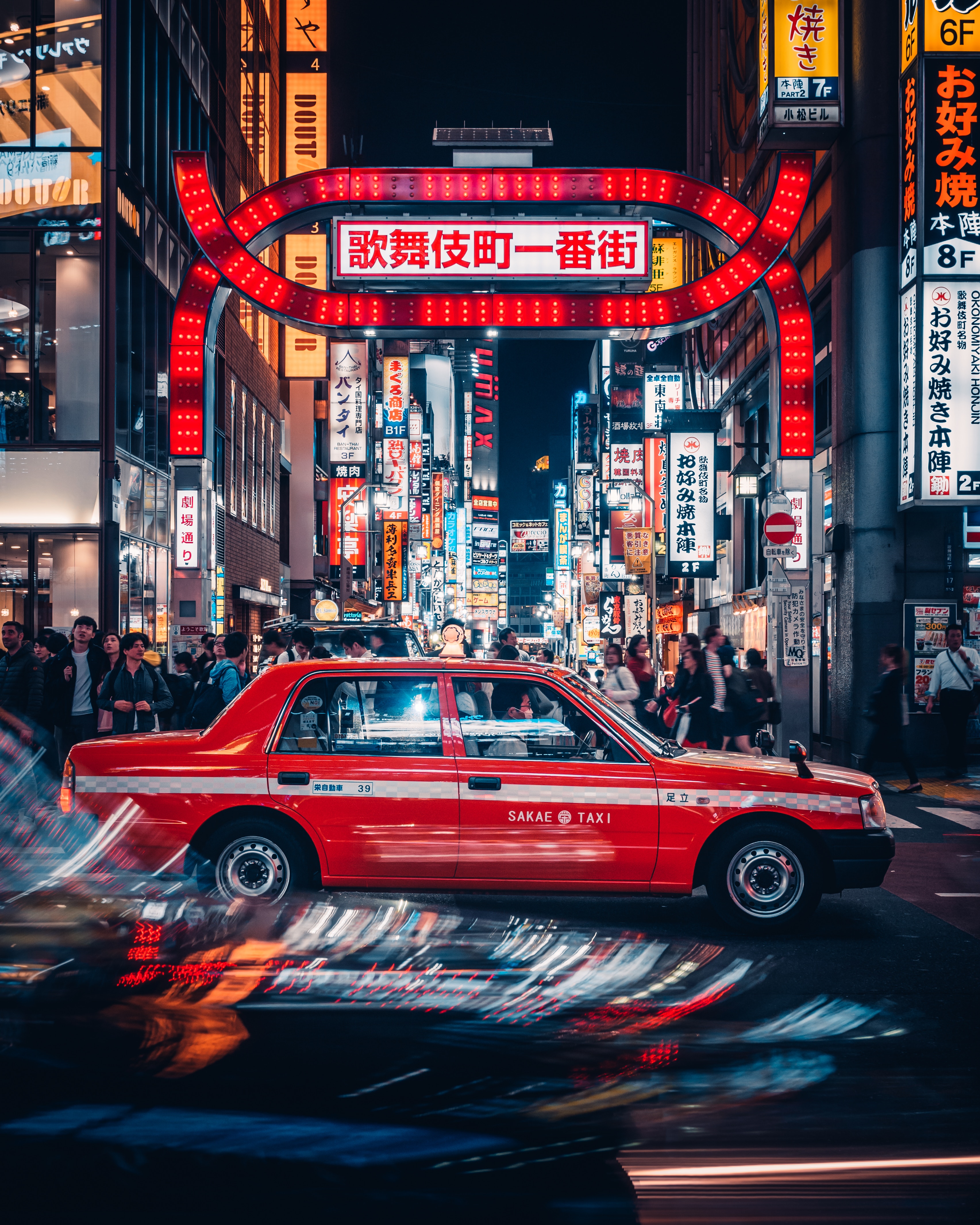 Simon Zhu Tokyo Urban Taxi Neon Cityscape Car Vehicle Red Cars People Asia 3411x4264