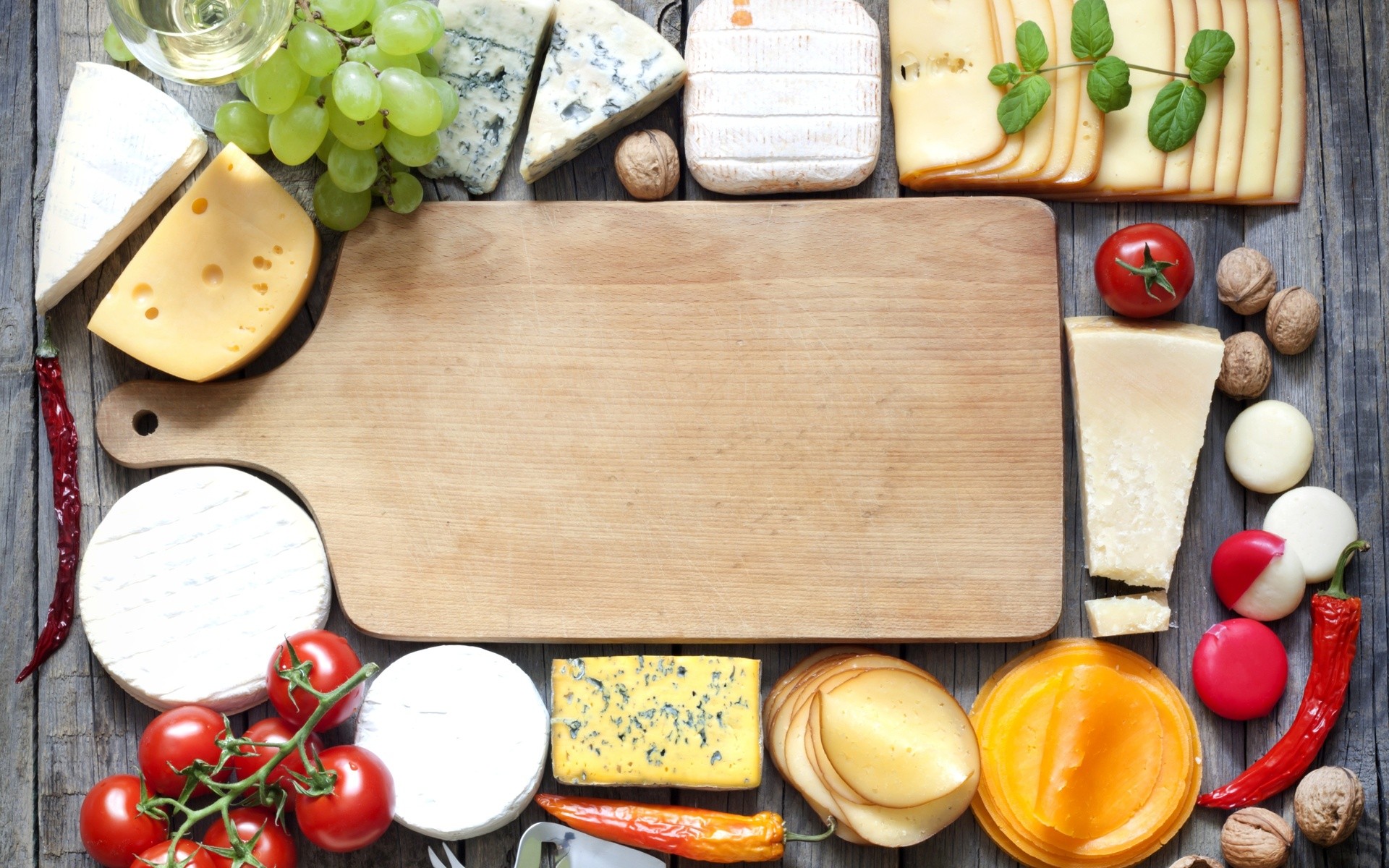 Food Lunch Photography Colorful Birds Eye View Cheese Tomatoes Grapes Wooden Surface Peppers 1920x1200