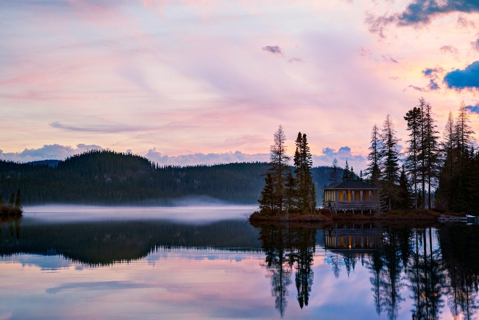 Photography Nature Trees Mist House Alone Lake Clouds Sky Island Spruce 1600x1068