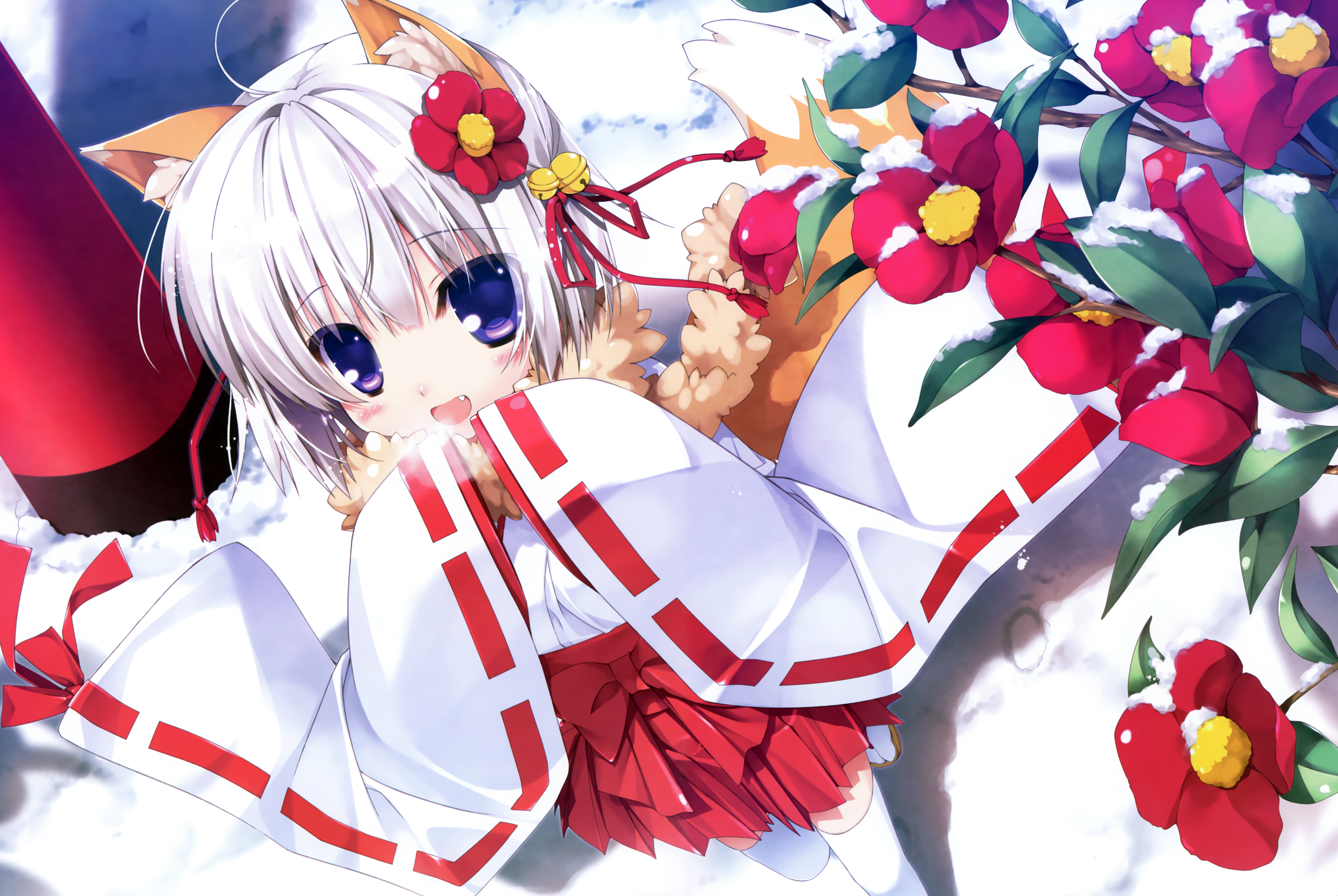 Flower Short Hair Tail Snow White Hair Blue Eyes Smile Miko Outfit Bell Ribbon 4711x3155
