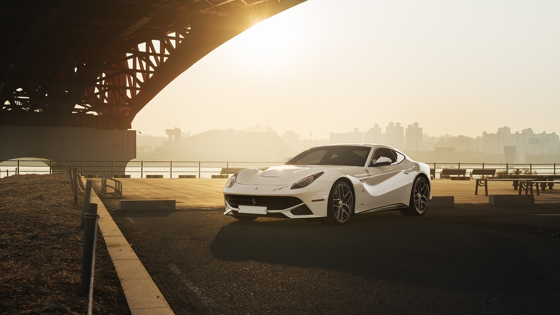 Ferrari Under Bridge City Sunlight Car White Cars Vehicle Ferrari F12berlinetta 1920x1080