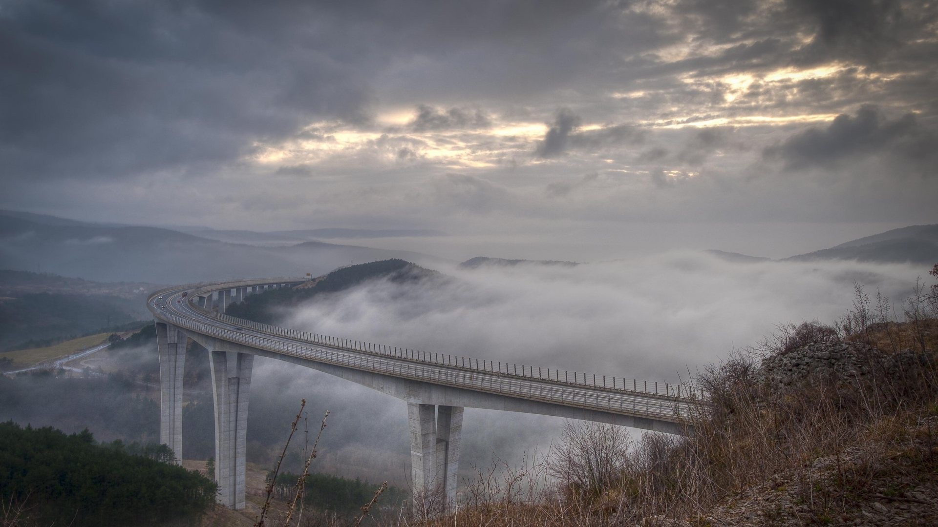Bridge Clouds Mist Hills Slovenia 1920x1080