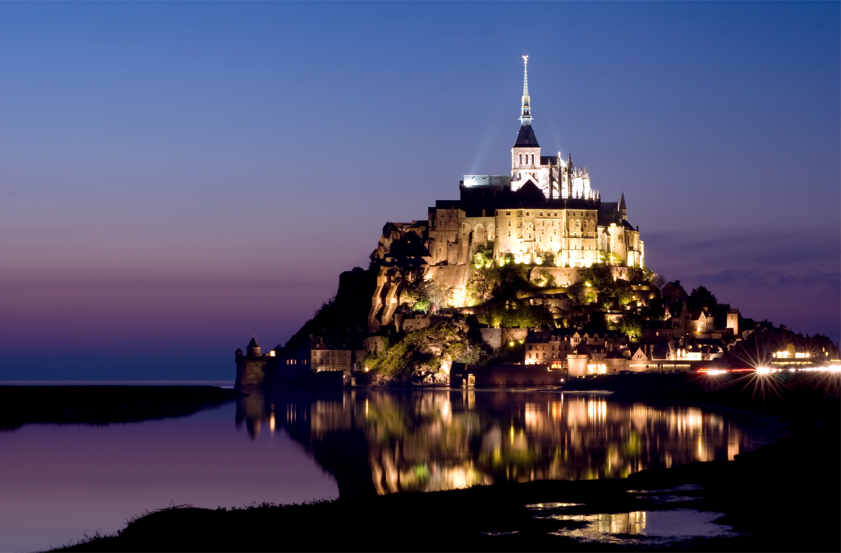 Mont Saint Michel France Sky Church Castle House Rock Evening Lights Sea Landscape Nature City Sunse 2841x1868