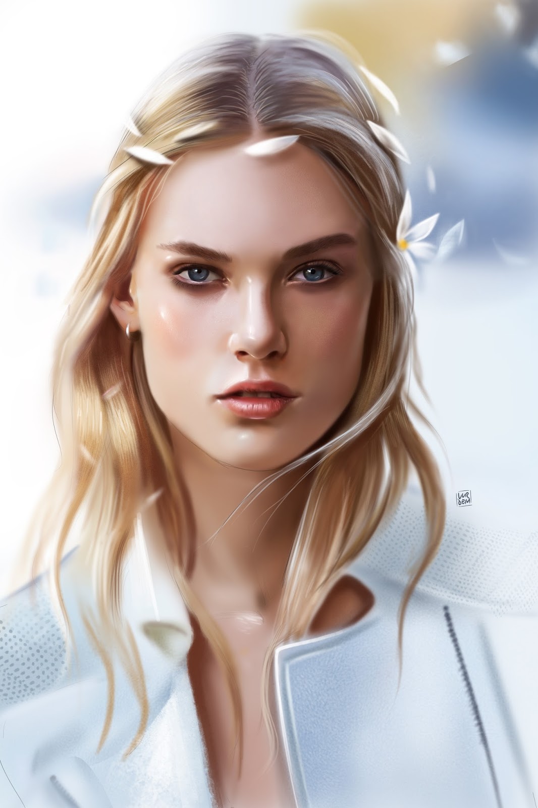 Women Digital Art Face Portrait Artwork Ya Ar Vurdem Portrait Display Blonde Flowers Petals Blue Eye 1066x1600