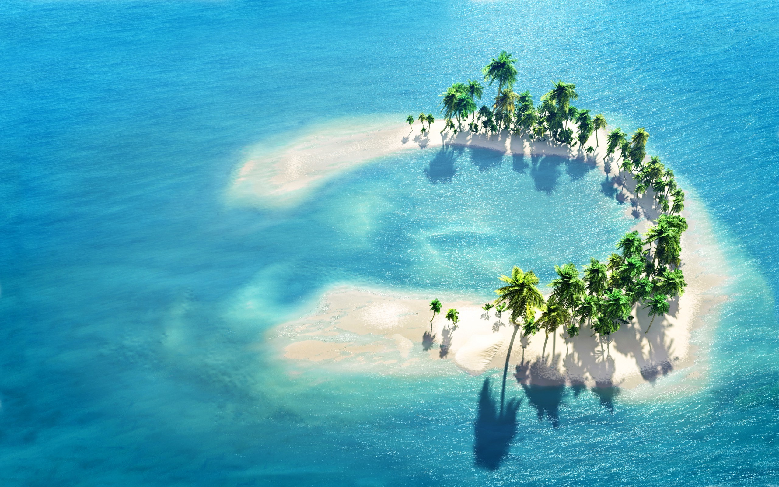 Island Sea Palm Trees Digital Art Artwork Sunlight Tropic Island Tropical Aerial View Bright Cyan Tu 2560x1600