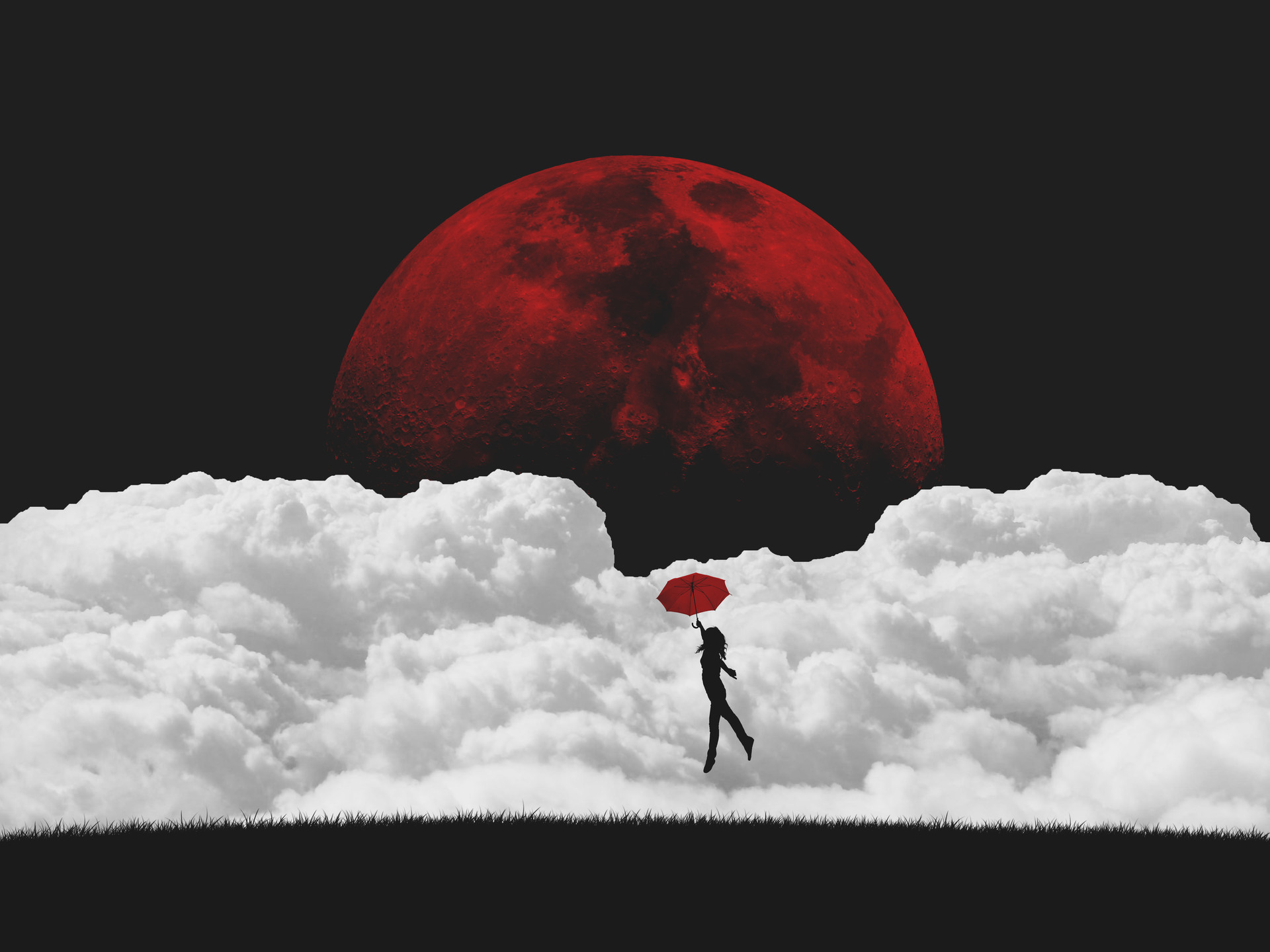 Digital Digital Art Artwork Fantasy Art Night Sky Skyscape Clouds Black White Red Dark Umbrella Red  1920x1440