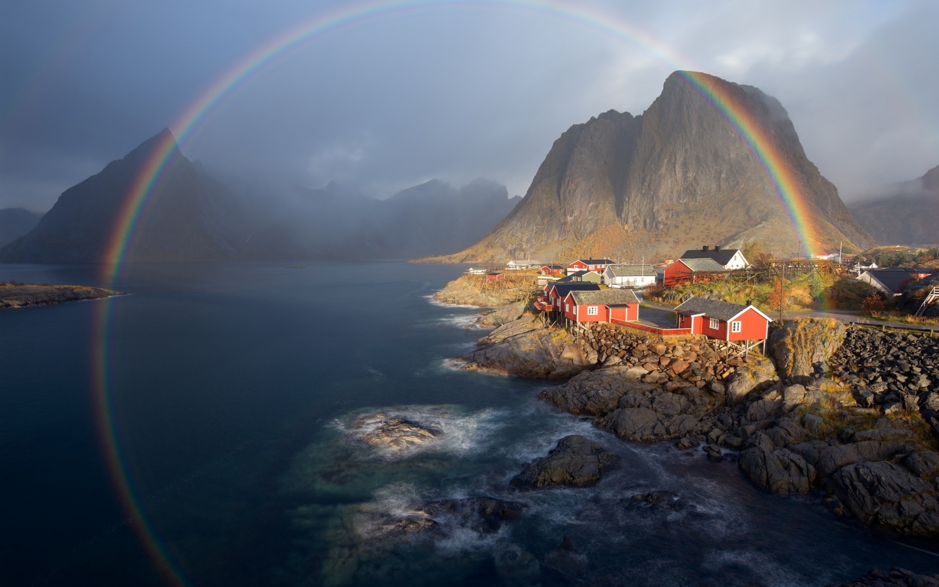 Nature Landscape Water Trees House Norway Rainbows Mountains Fjord Rock Sea Village Mist Circle 1920x1200