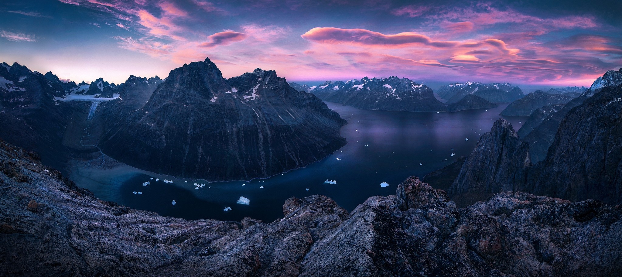 Nature Landscape Sunset Mountains Panoramas Fjord Clouds Sky Ice Rock Greenland 2048x912