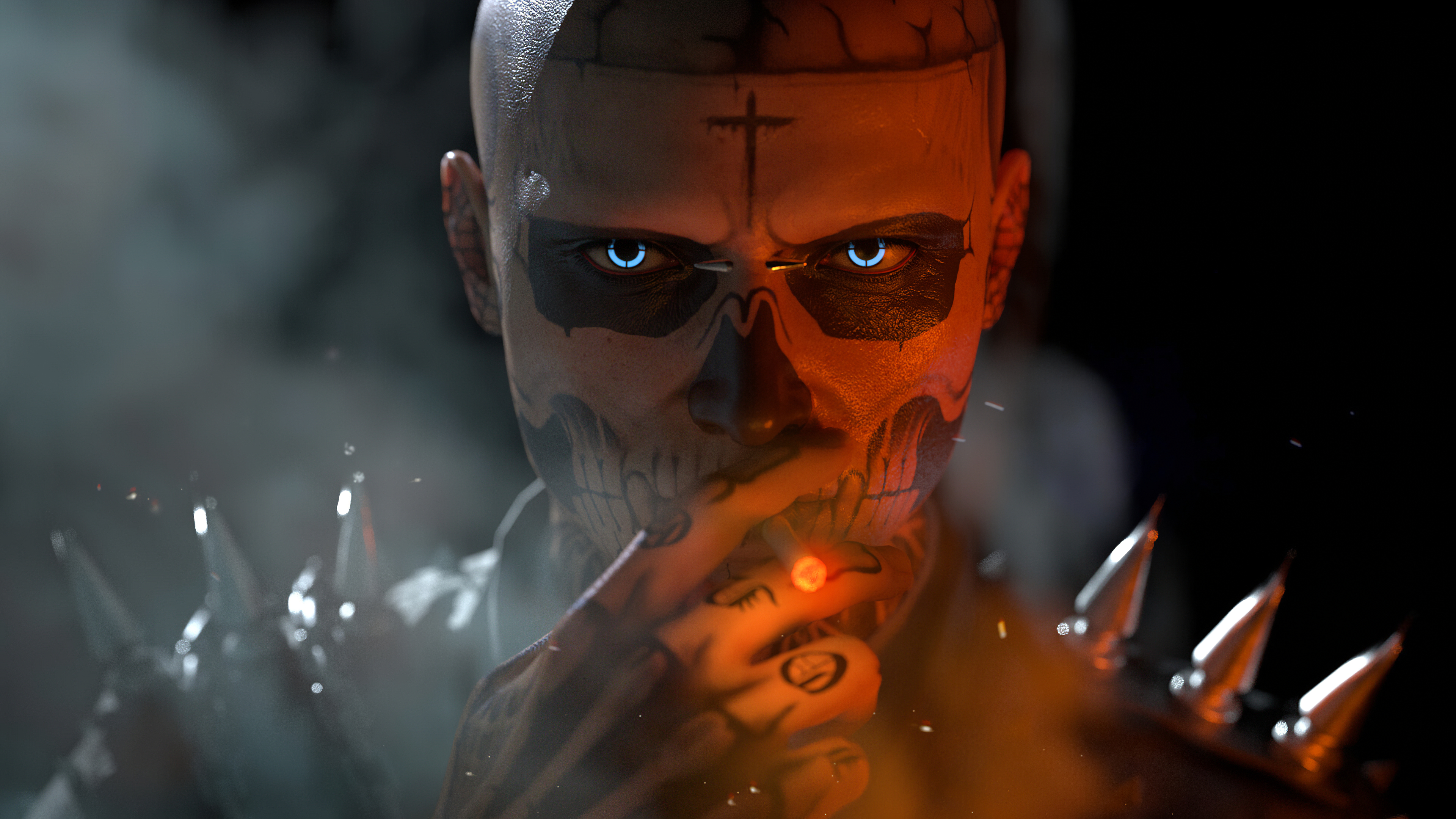Wayne Wan Skeleton Spikes Cigarettes Tattoo Zombie Boy Rick Genest Frontal View Cross Skull Face Pai 3840x2160