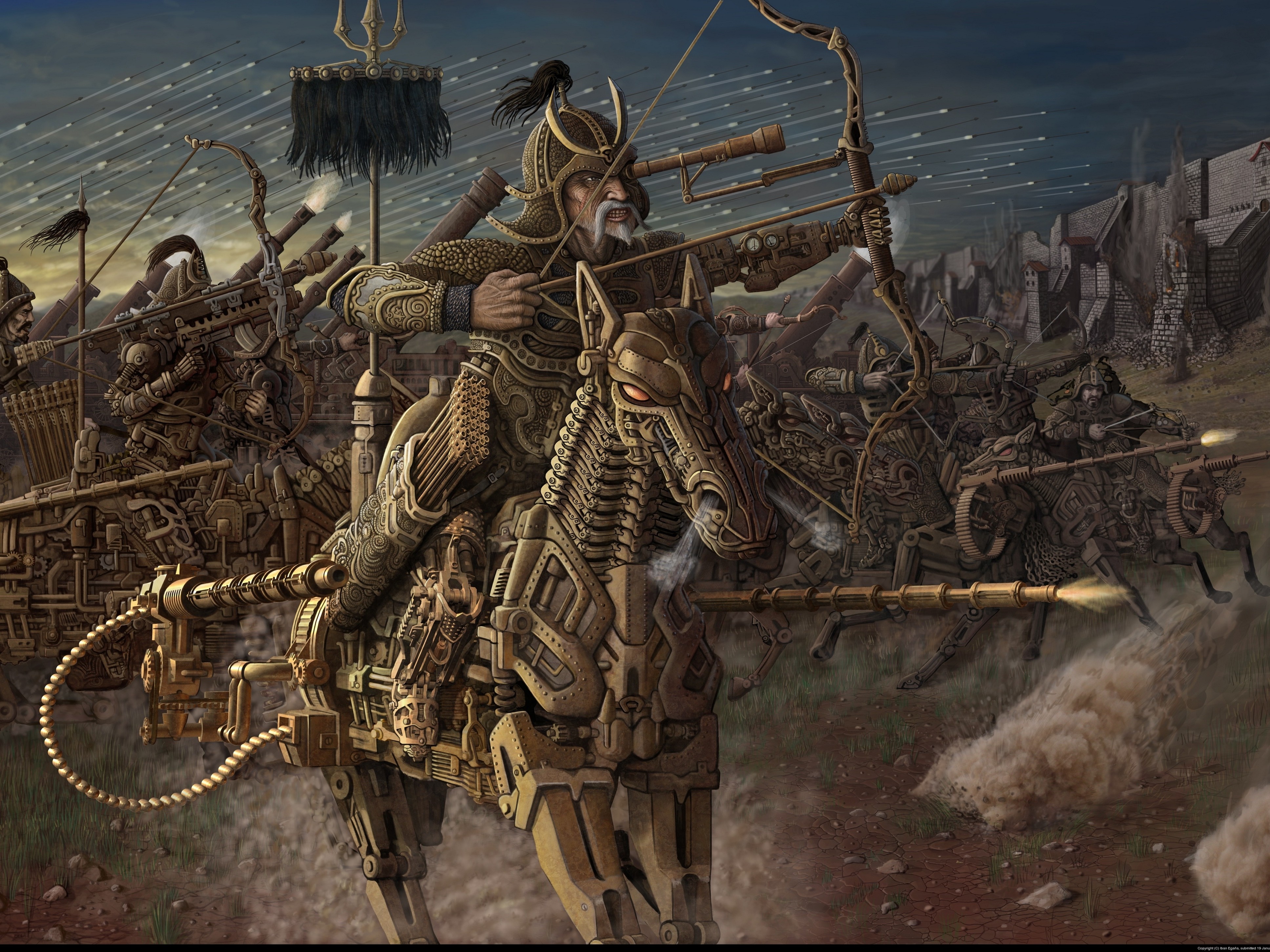 Ancient Old Warrior Horse Fantasy Art Weapon Machine Arrows War Building Soldier Bow Mongols Smoke W 3872x2904