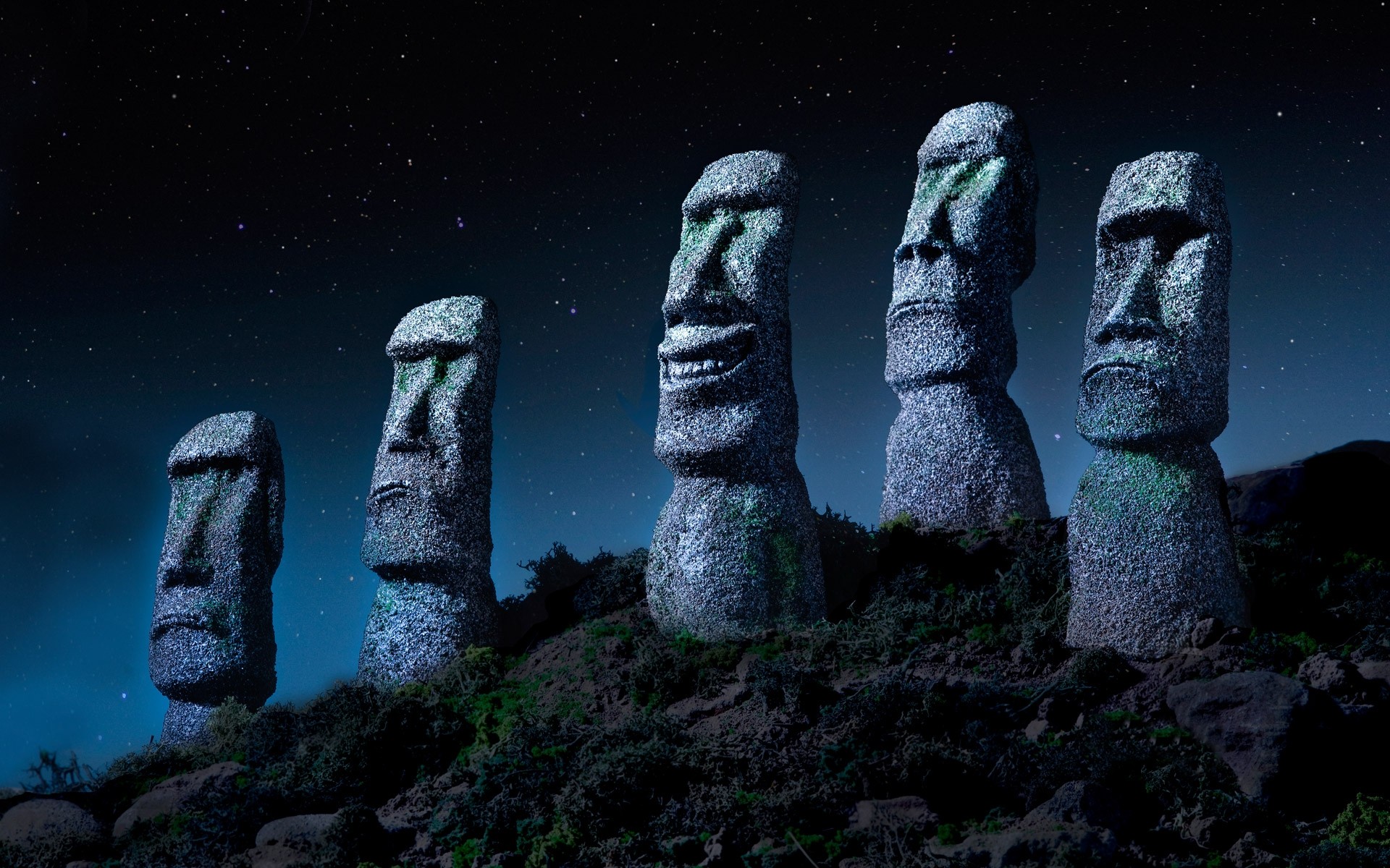 Easter Island Chile Starry Night Statue Moai Giant Stone Monuments Nature Landscape 1920x1200