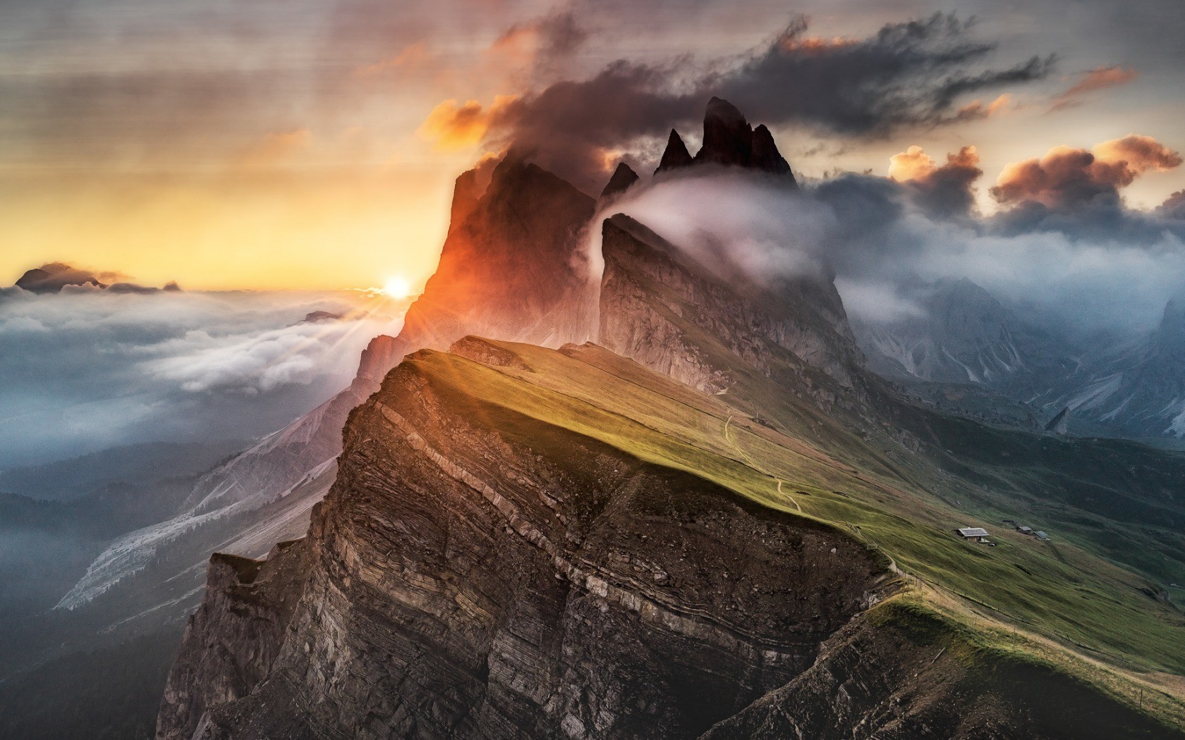 Mountains Nature Dolomites Mountains Clouds Sunset Sun Rays 1680x1050
