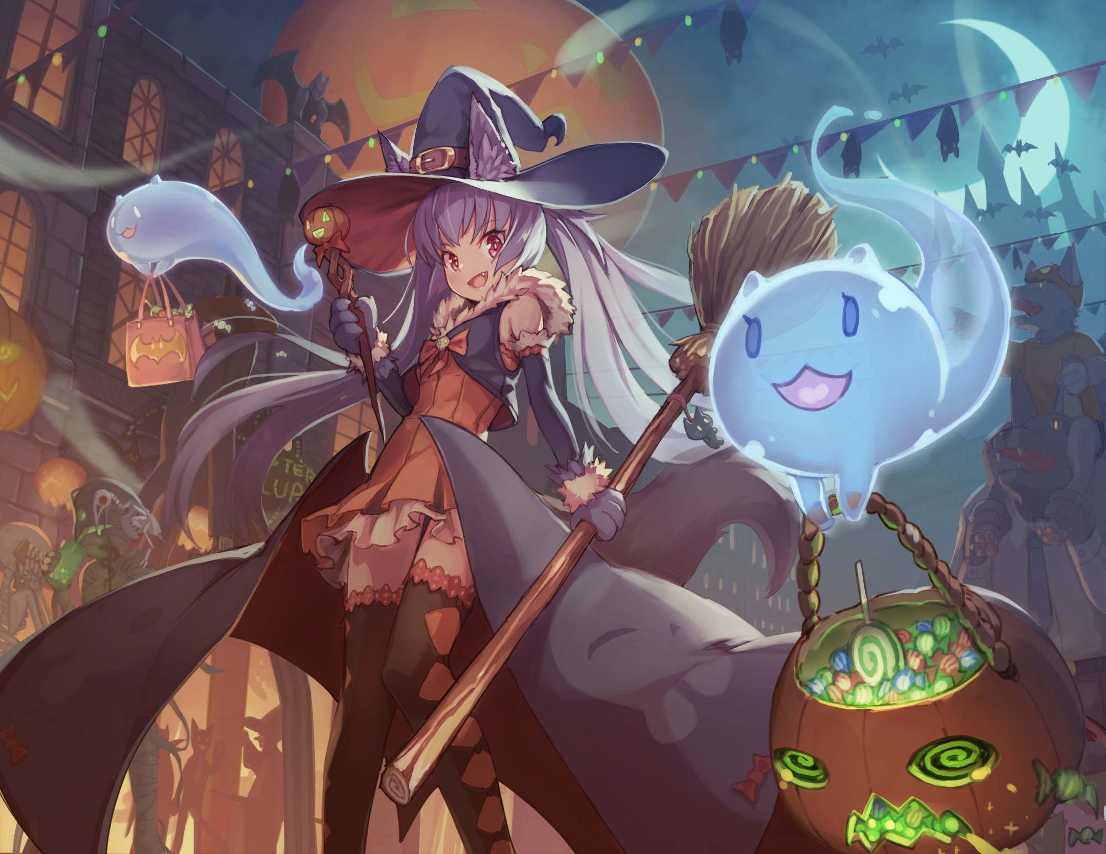 Halloween Ghosts Anime Girls Witch Witch Hat Anime 2160x1669