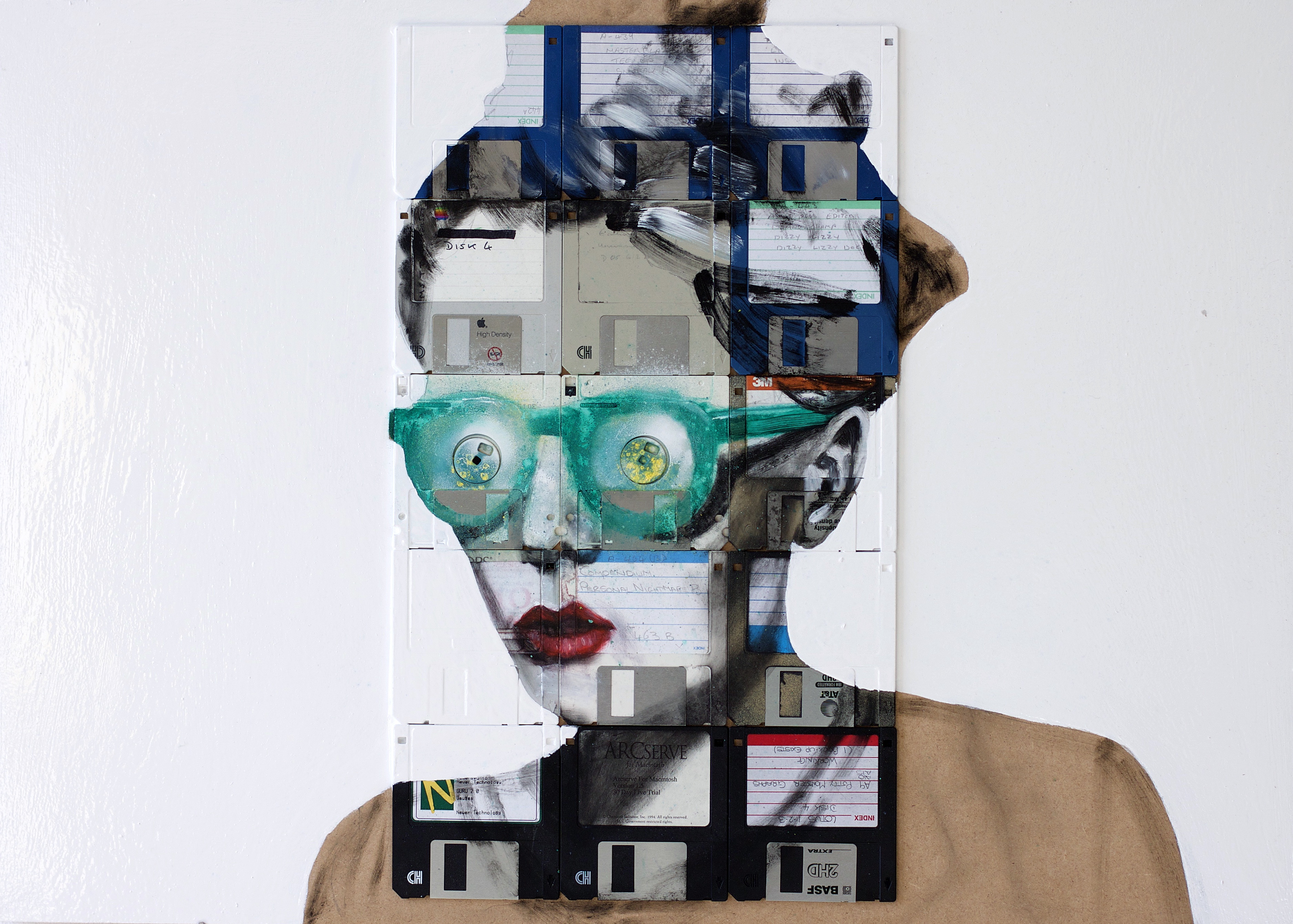 Artwork Nick Gentry Abstract Face Floppy Disk Simple Background White Background 3753x2682