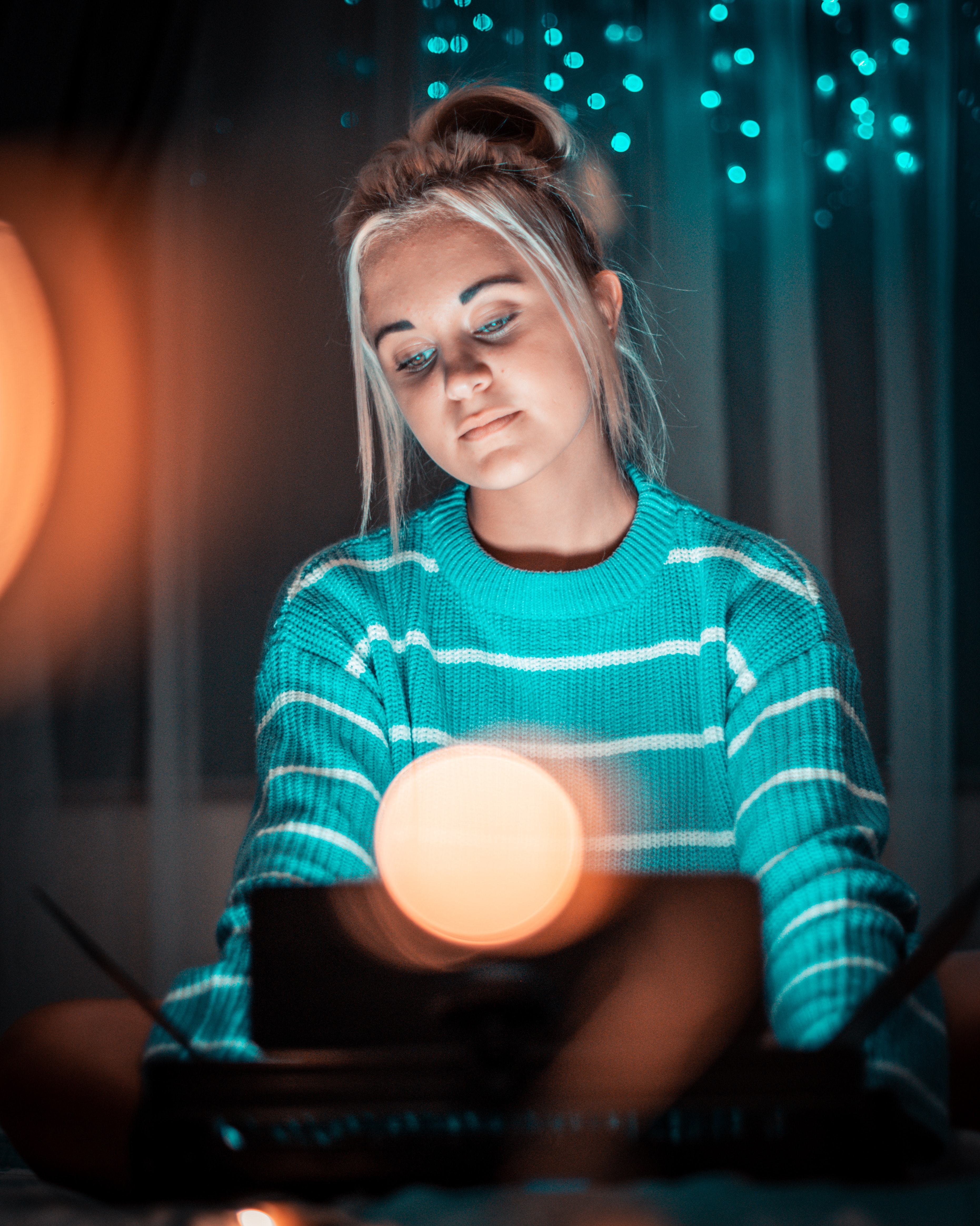 Women Green Sweater Sweater Model Fairy Lights Laptop Blonde Cyan 3723x4654