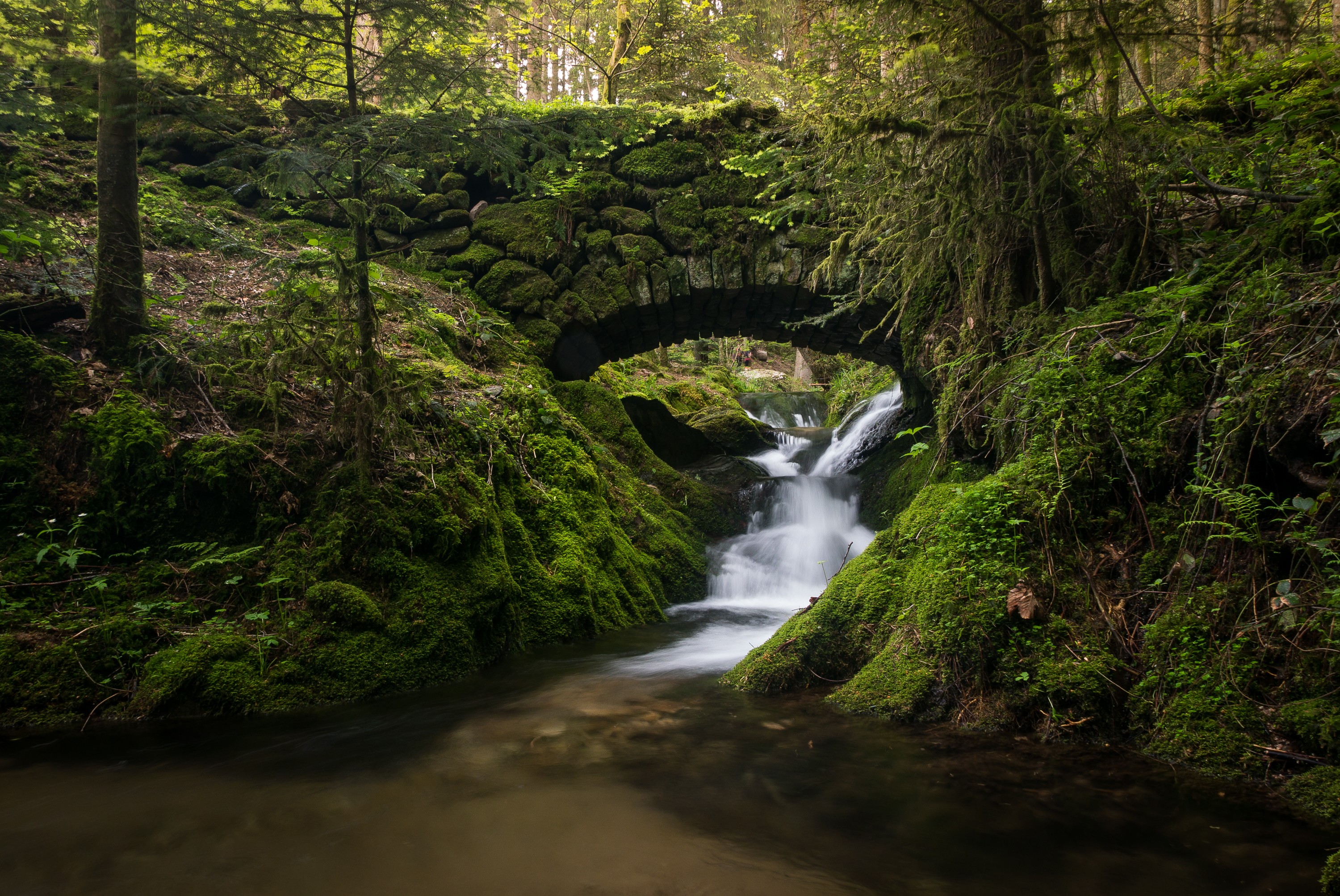 River Old Bridge Waterfall Moss Forest Nature 3000x2006