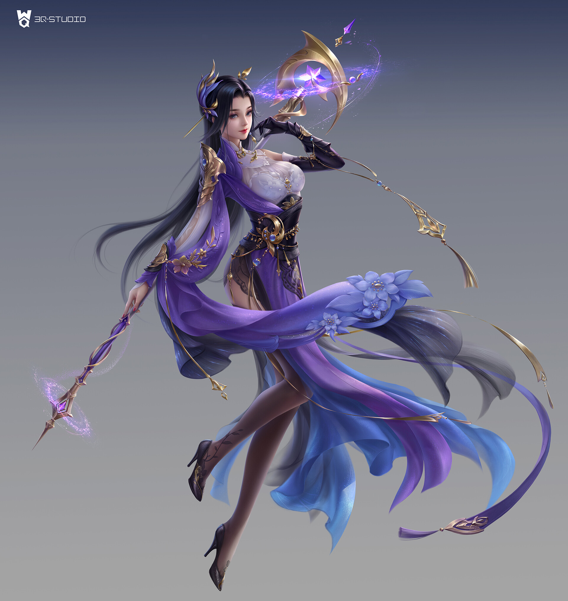 3Q Studio Drawing Women Dark Hair Long Hair Asian Dress Purple Clothing High Heels Floating Magician 1920x2030