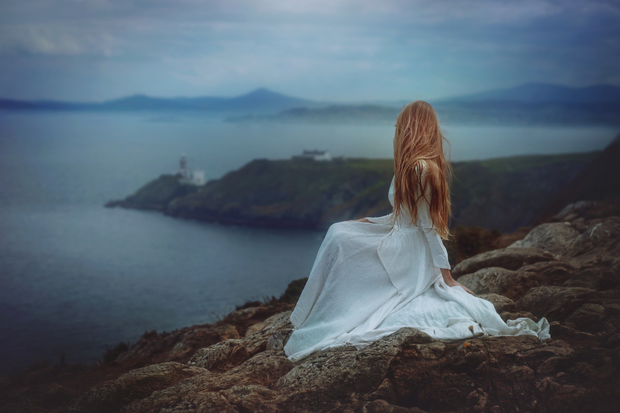 Women Model Redhead White Dress Looking Away Cliff Emotion Sea Lighthouse Gloomy Coast Long Hair 2048x1365