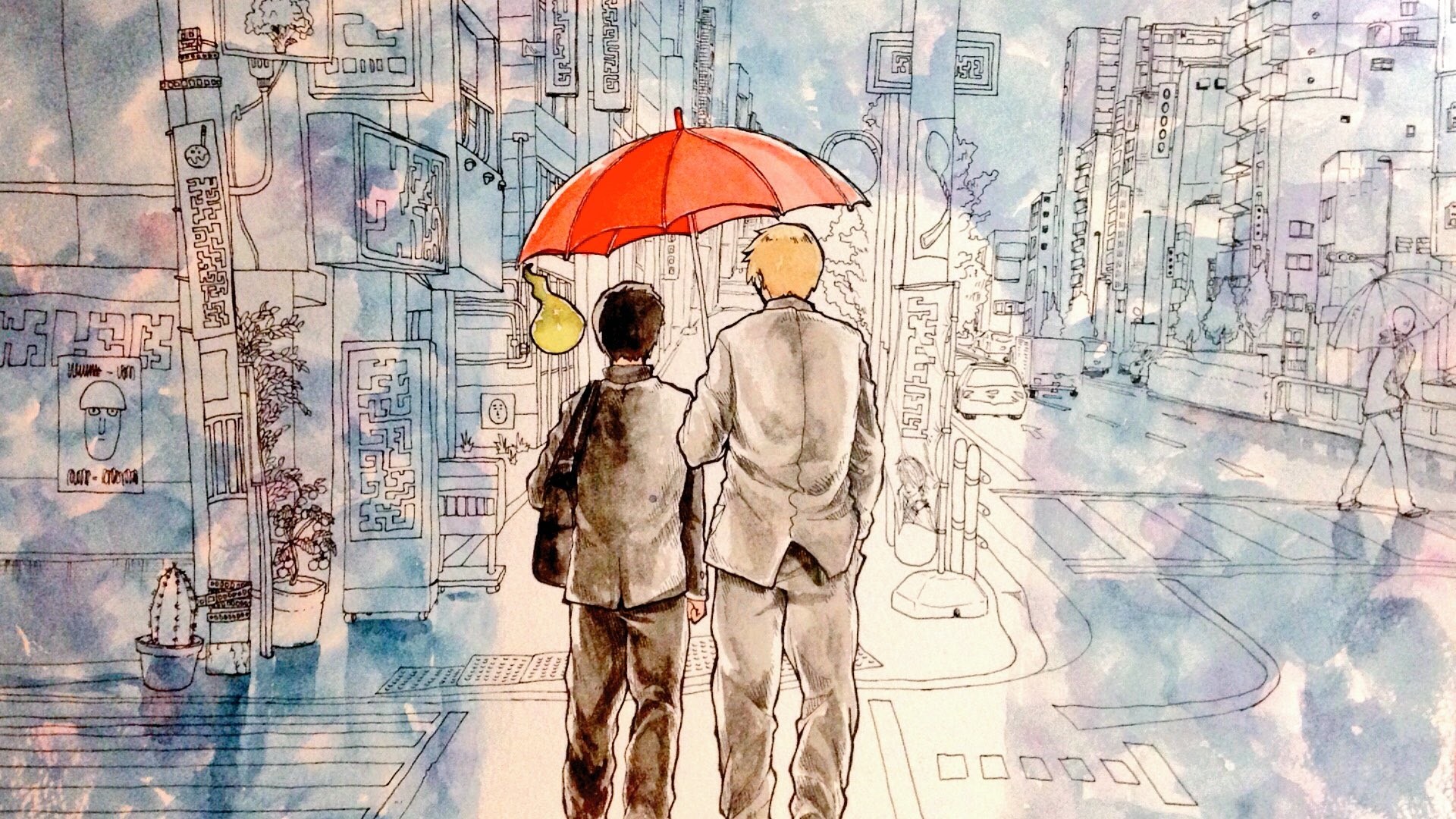 Painting Watercolor Artwork Warm Colors Umbrella People Street Building Mob Psycho 100 Kageyama Shig 1920x1080