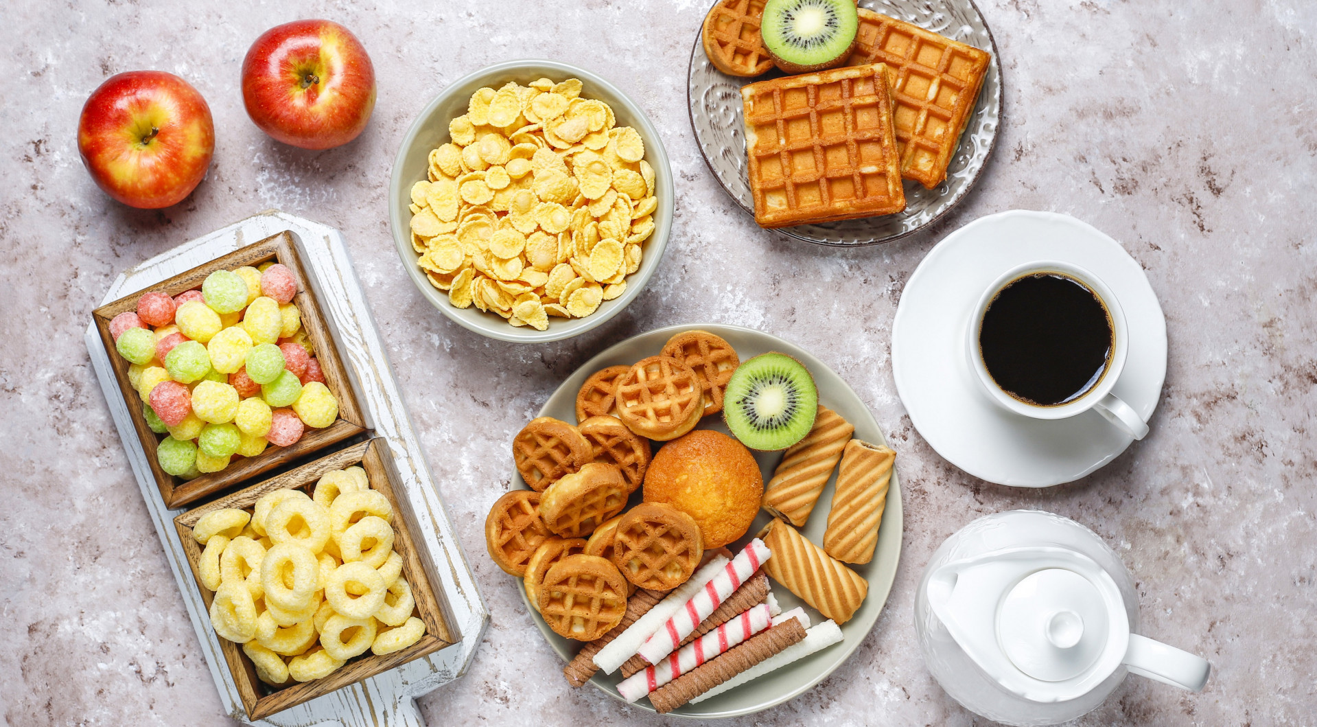 Food Cup Coffee Sweets Fruit Apples Cereal Waffles Kiwi Fruit Cookies Top View 1919x1059