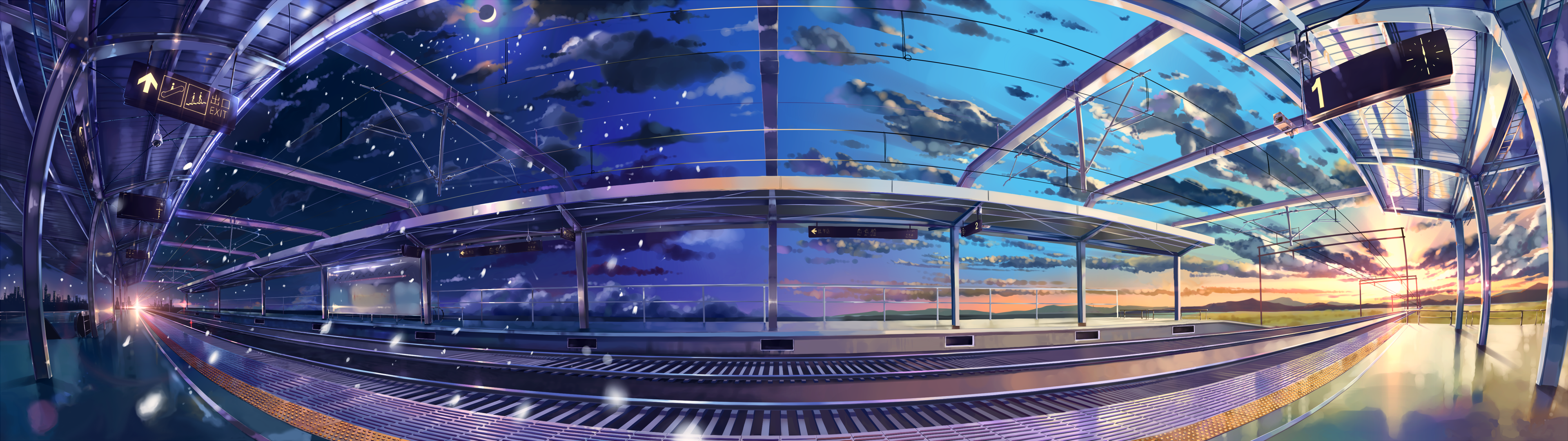 Train Station Multiple Display Anime Sky Numbers Railroad Track 3840x1080