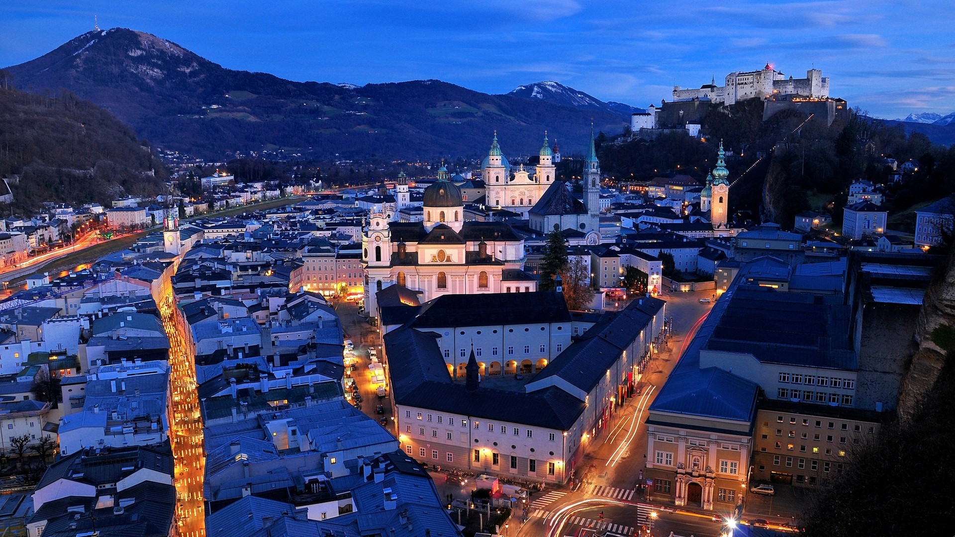 Architecture Cityscape City Building Old Building Street Cathedral Street Light Salzburg Castle Hill 1920x1080