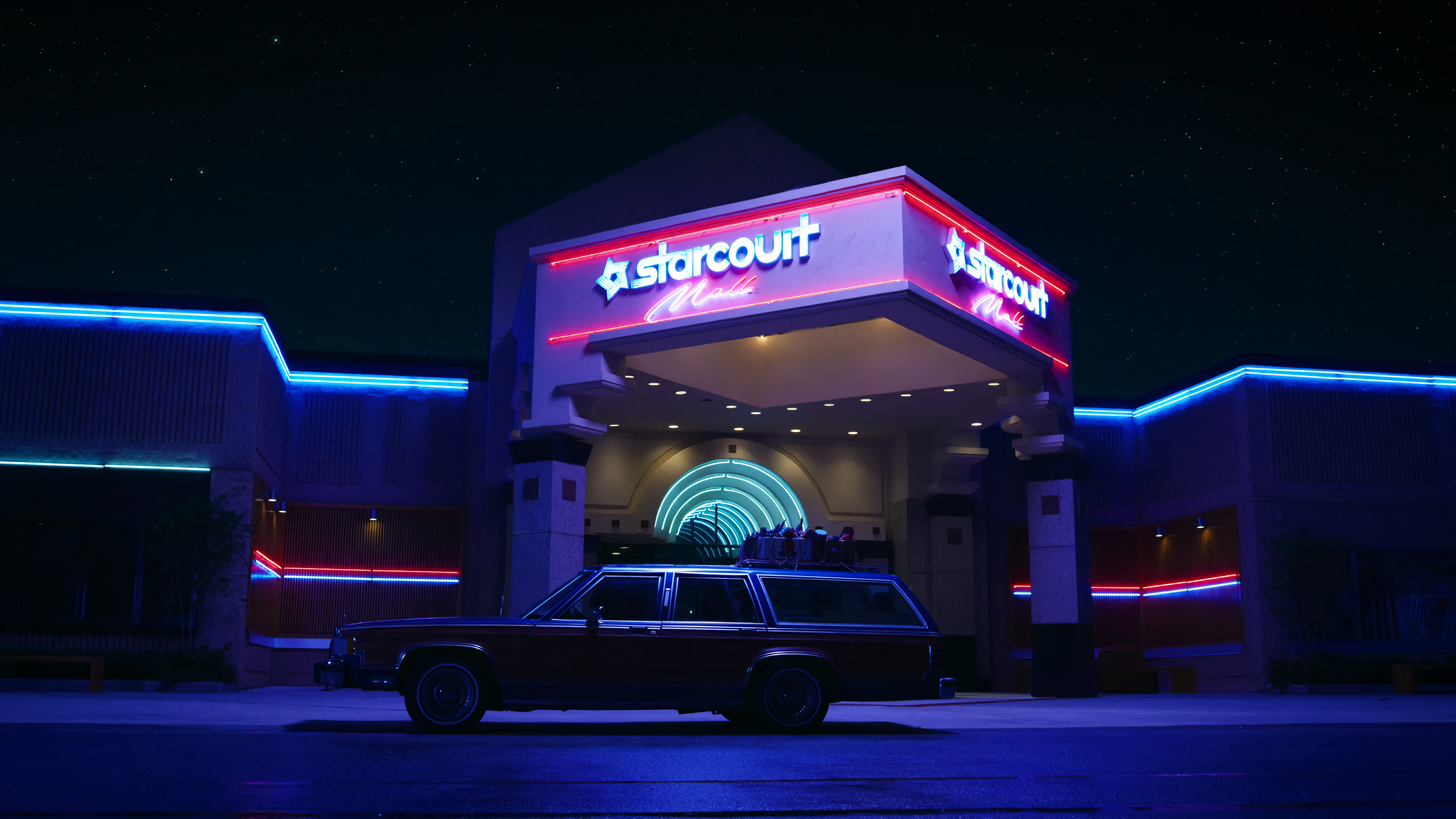Stranger Things Starcourt Car Blue Shopping Mall Night Dark Red Black Tv Series Netflix Neon 3840x2160